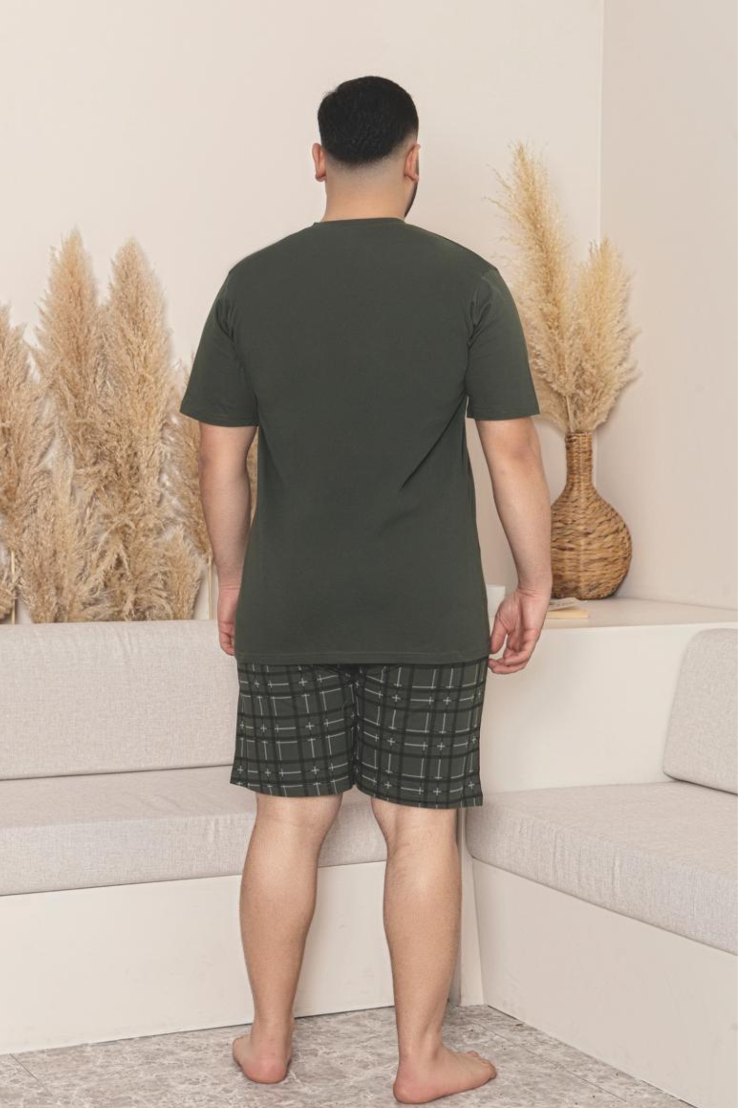 Büyük Beden Pamuklu Cepli Kısa Kollu Şortlu Erkek Pijama Takımı - Yeşil
