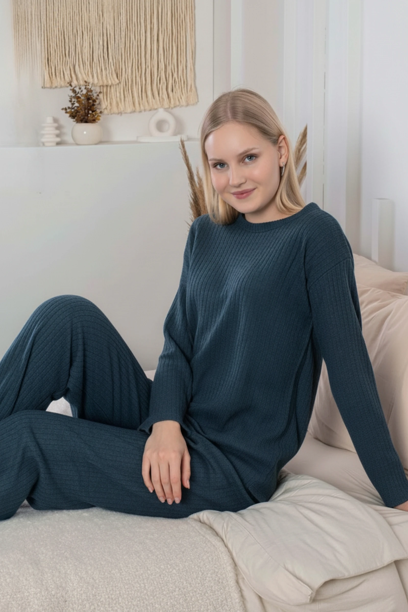 Kalın Kışlık İnterlok Şeritli Uzun Kollu Örme Pijama Takımı - Lacivert