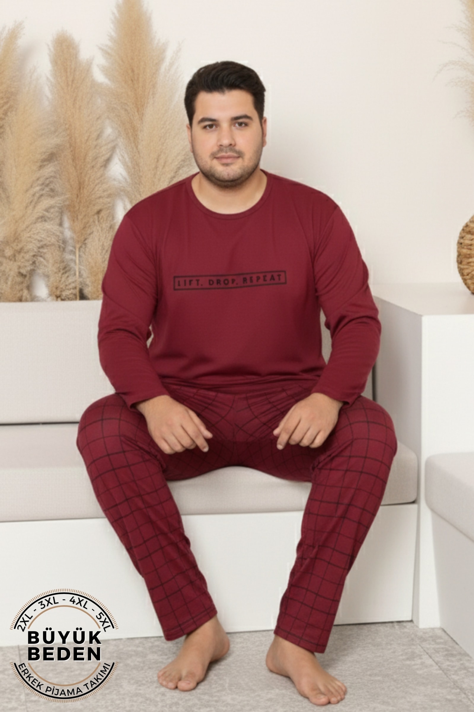Büyük Beden Pamuklu Uzun Kollu Ekose Kareli Erkek Pijama Takımı - Bordo