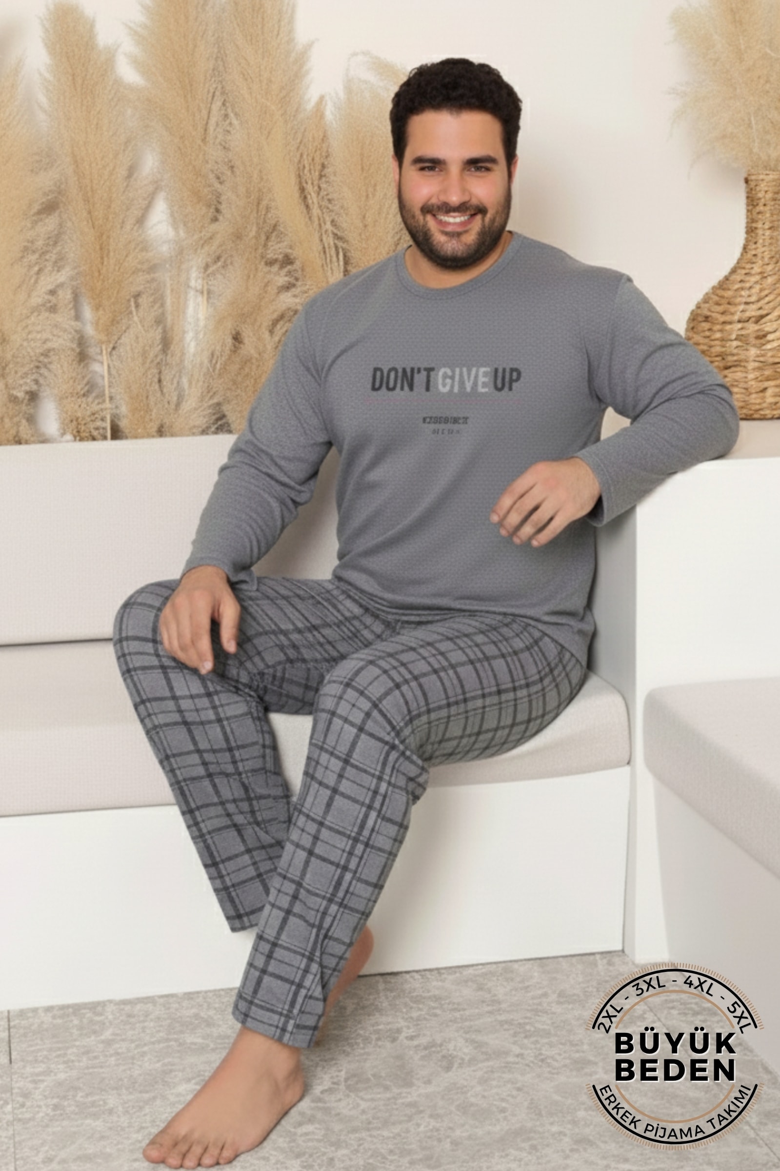 Büyük Beden Pamuklu Uzun Kollu Ekose Kareli Erkek Pijama Takımı - Gri