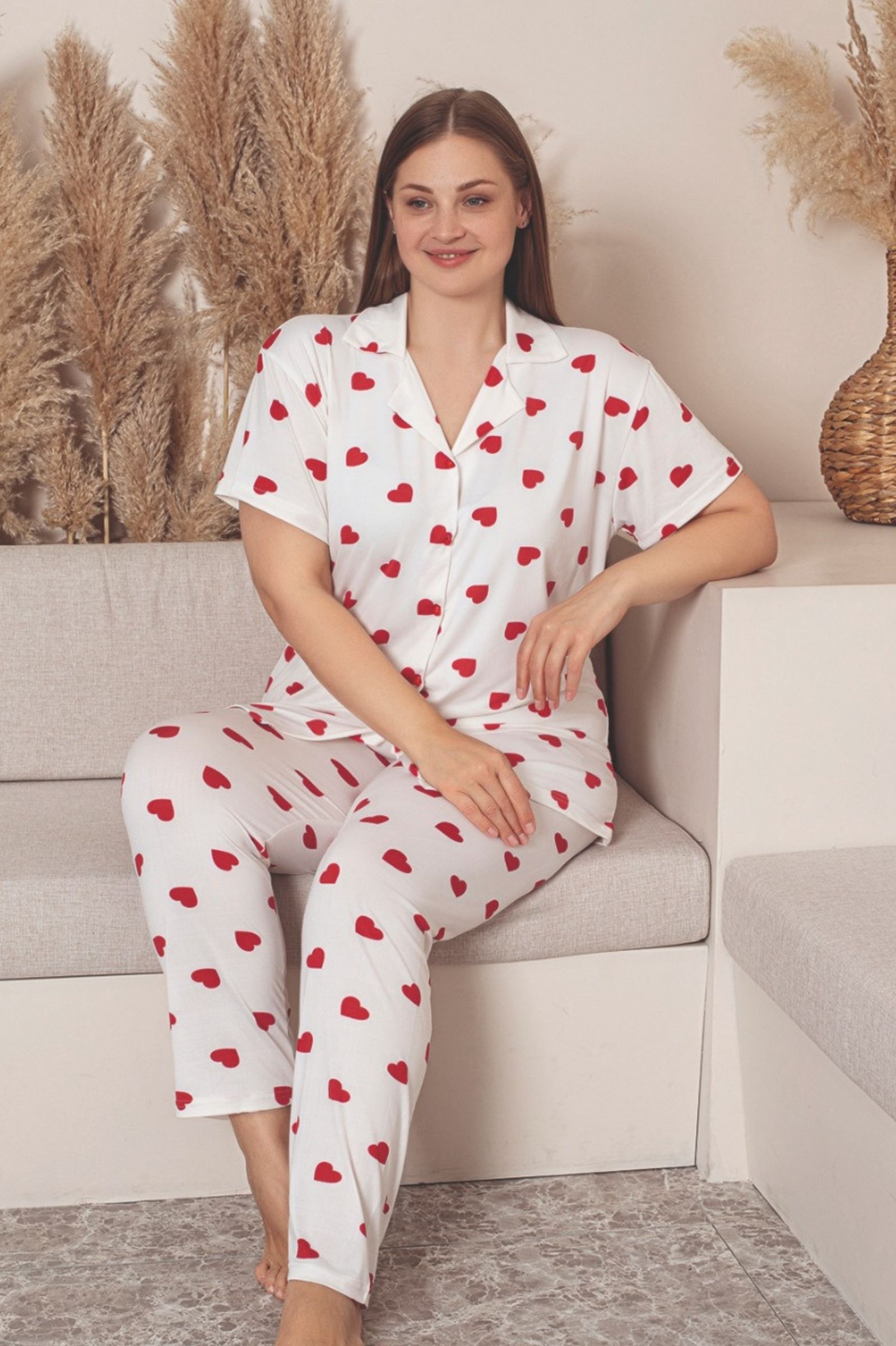 Büyük Beden Milan Düğmeli Kalpli Likralı Gömlek Pijama Takımı