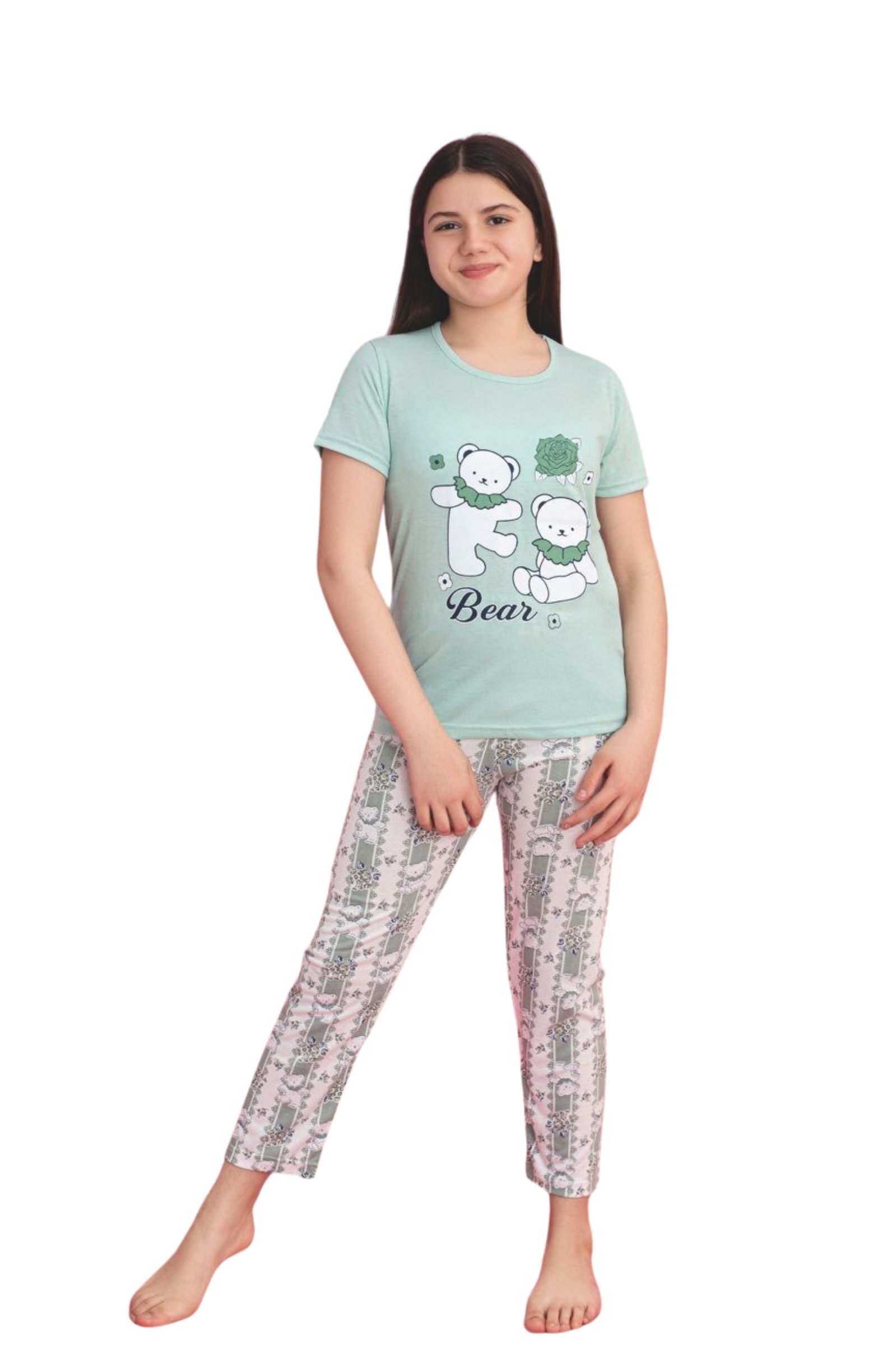 Faryakids Pamuklu Kısa Kollu Kedi Desenli Kız Çocuk Pijama Takımı - Mint