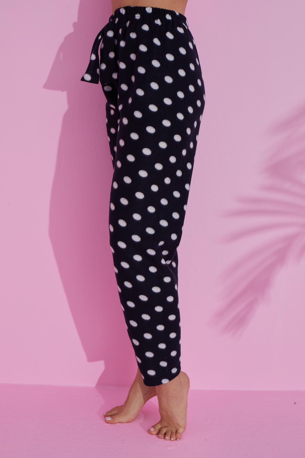 Luxury Soft Welsoft Polar Puantiyeli Kışlık Peluş Pijama Altı Pantolon - Siyah