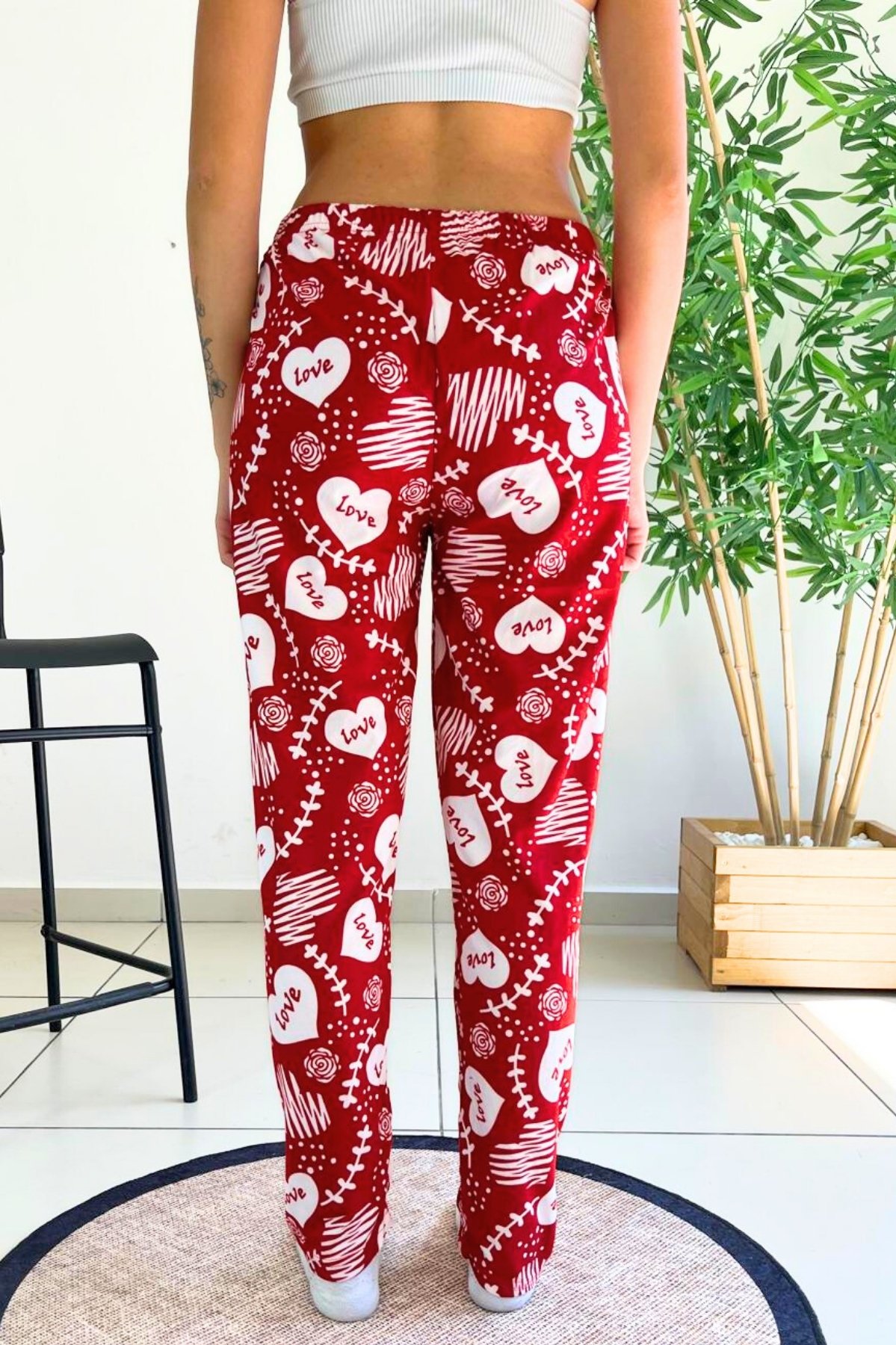 Dreamy Soft Kadife Dokulu Desenli Süet Pijama Altı Pantolon - Kırmızı