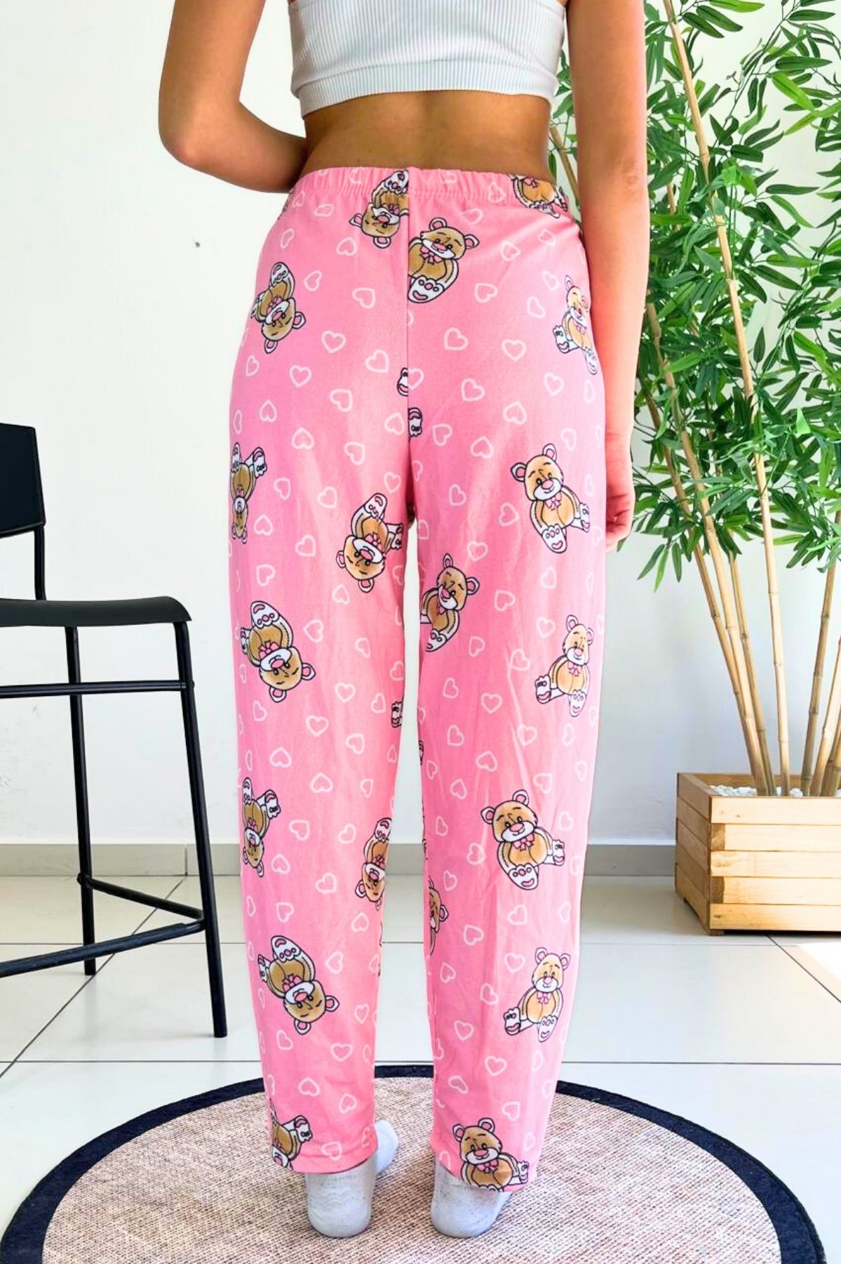 Dreamy Soft Kadife Dokulu Ayıcık Desenli Süet Pijama Altı Pantolon - Pembe