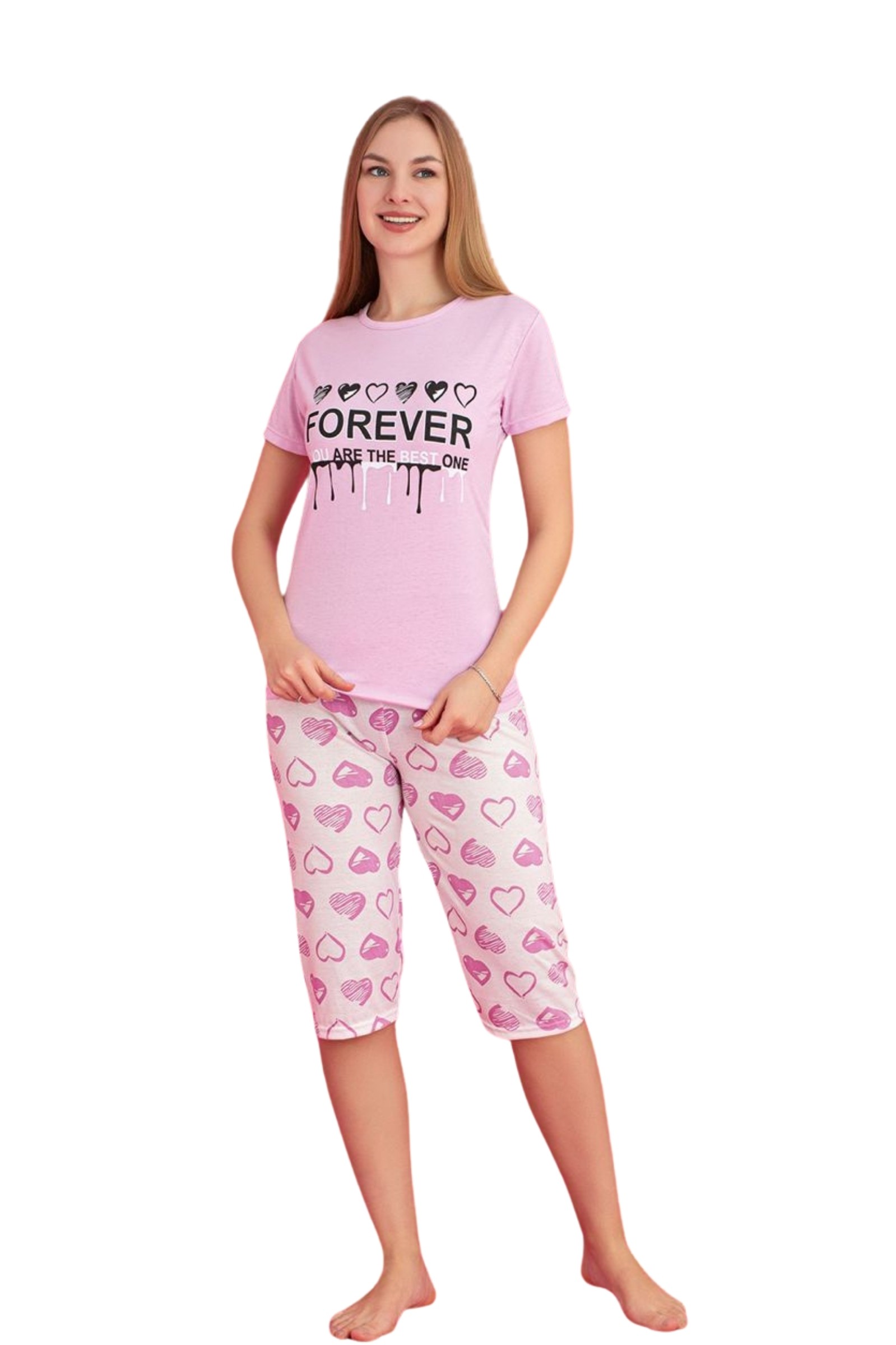 Dreamy Pamuklu Desenli Kısa Kollu Bermuda Kapri Takım - Pembe