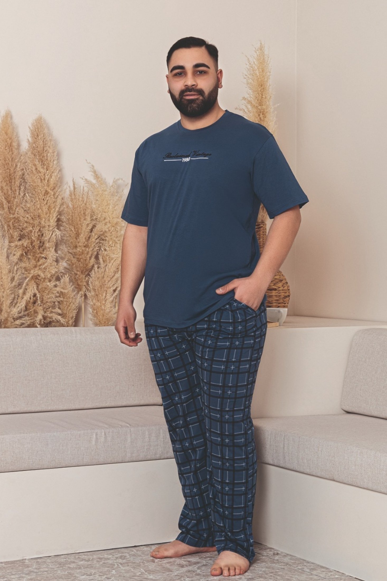 Büyük Beden Pamuklu Cepli Kısa Kollu Erkek Pijama Takımı