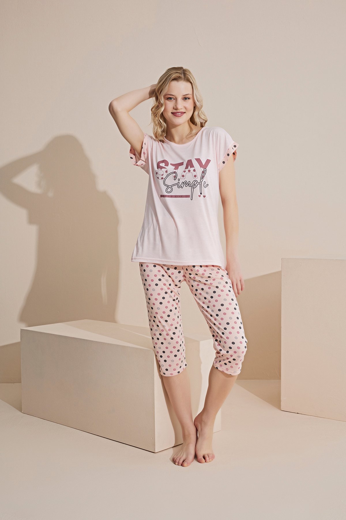 Dreamy Pamuklu Kısa Kollu Desenli Kapri Bermuda Pijama Takımı