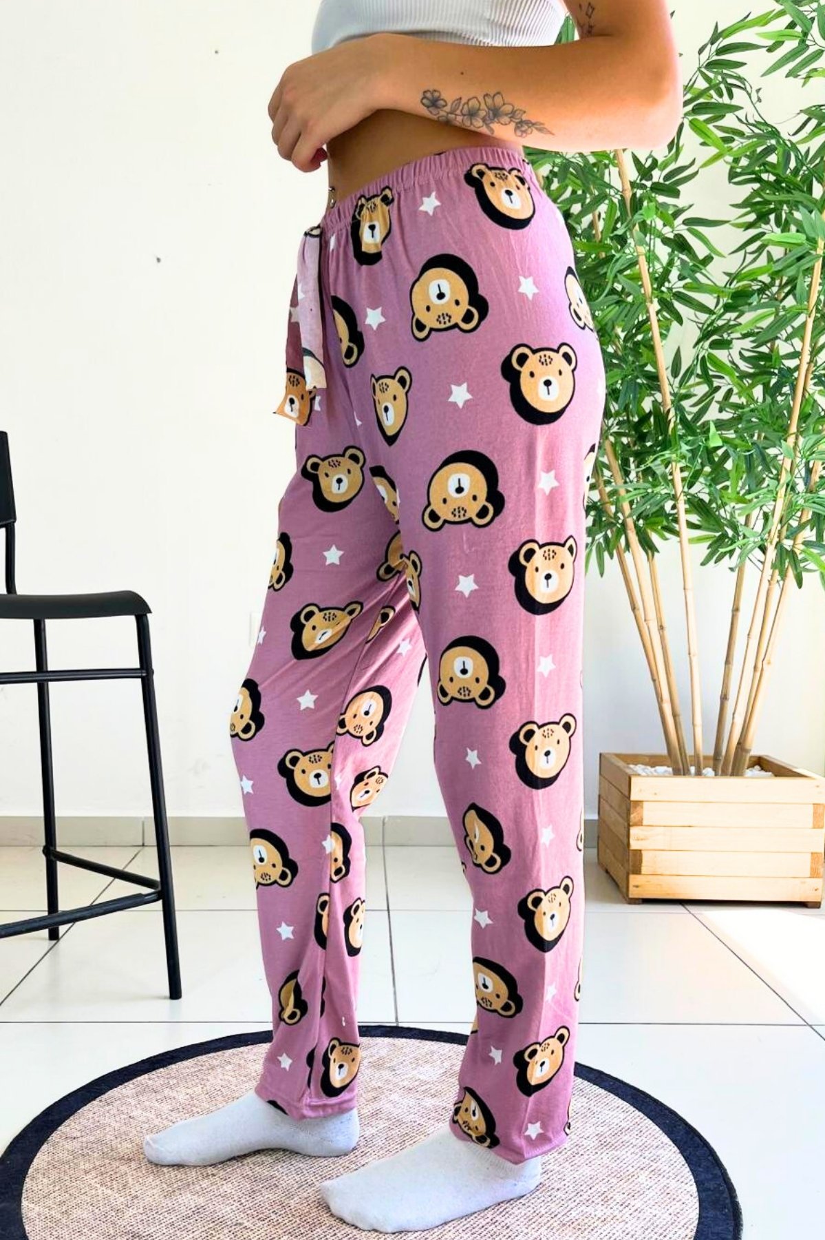 Dreamy Soft Kadife Dokulu Ayıcık Desenli Süet Pijama Altı Pantolon - Lila