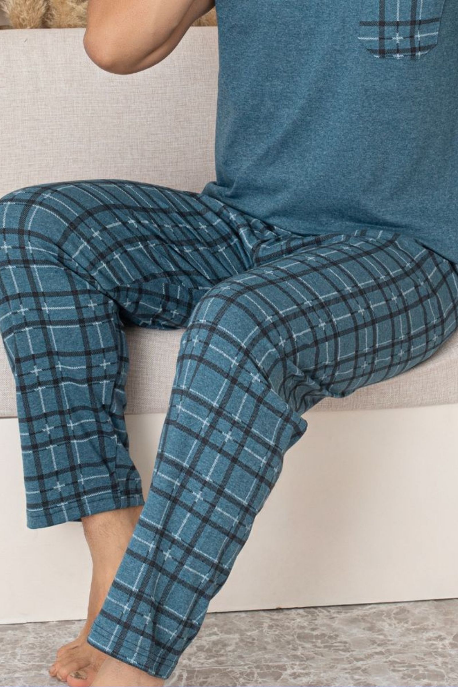 Pamuklu Cep Detaylı Desenli Kısa Kollu Örme Erkek Pijama Takımı
