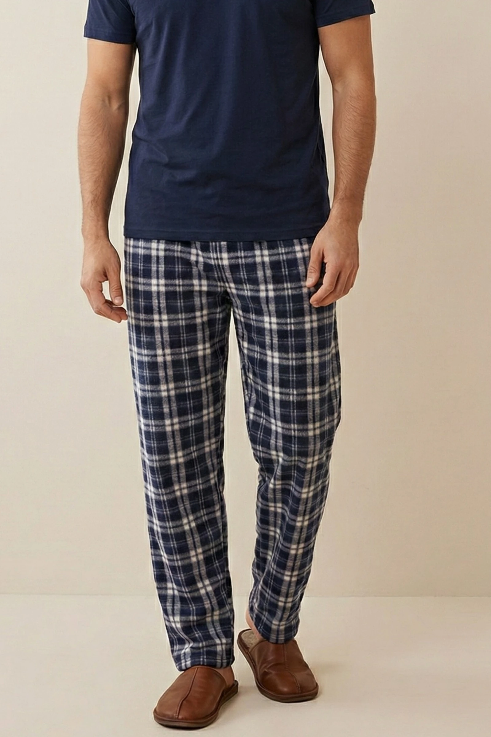 Luxury Soft Wellsoft Polar Ekose Kare Desenli Kışlık Pijama Altı Pantolon - Lacivert