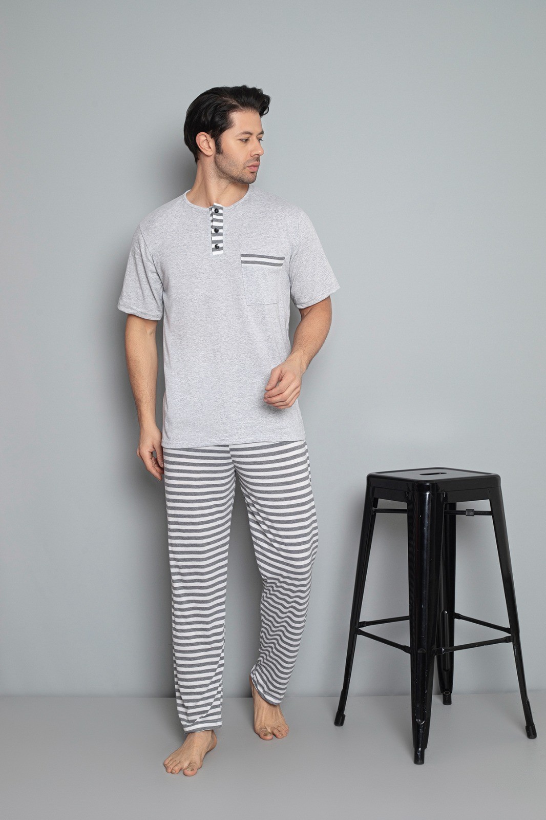 Dreamy Pamuklu Kısa Kollu Düğmeli Yaka Erkek Pijama Takımı - Açık Gri