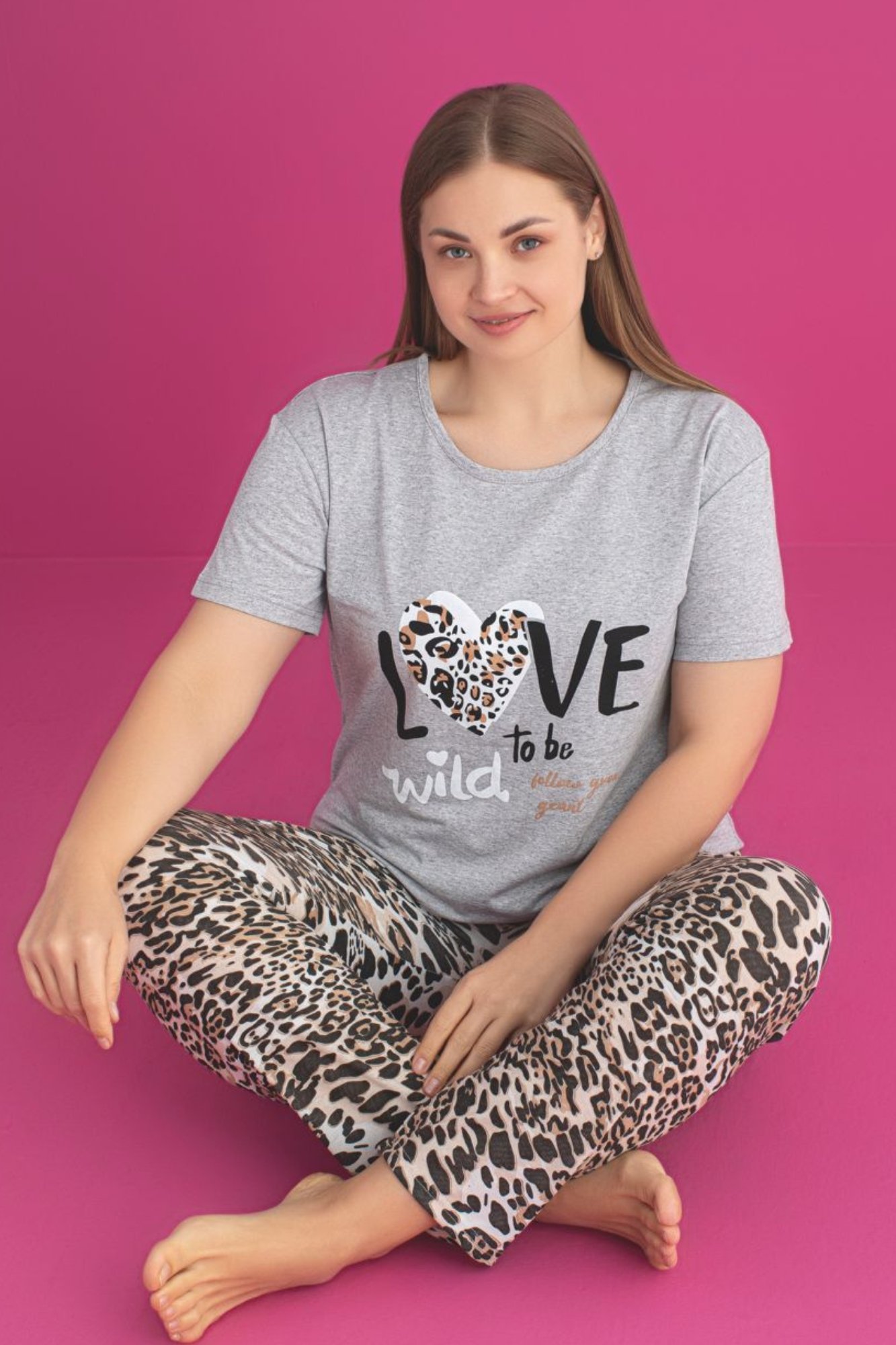 X-Dreamy Büyük Beden Pamuklu Leopar Desenli Kısa Kollu Pijama Takımı - Leopar
