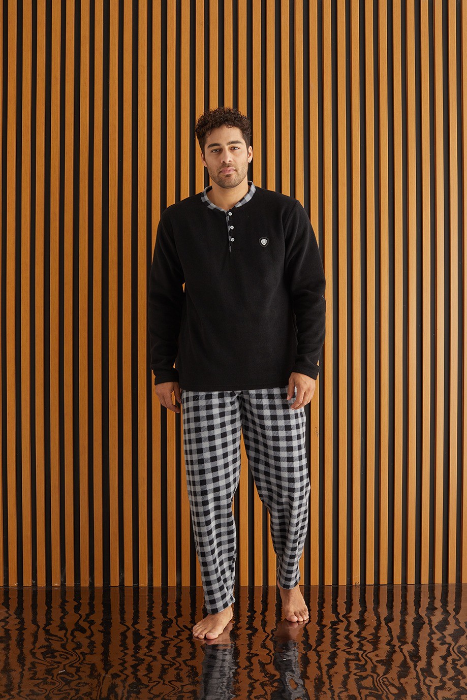 Luxury Soft Polar Ekose Kareli Düğmeli Yaka Erkek Pijama Takımı - Siyah