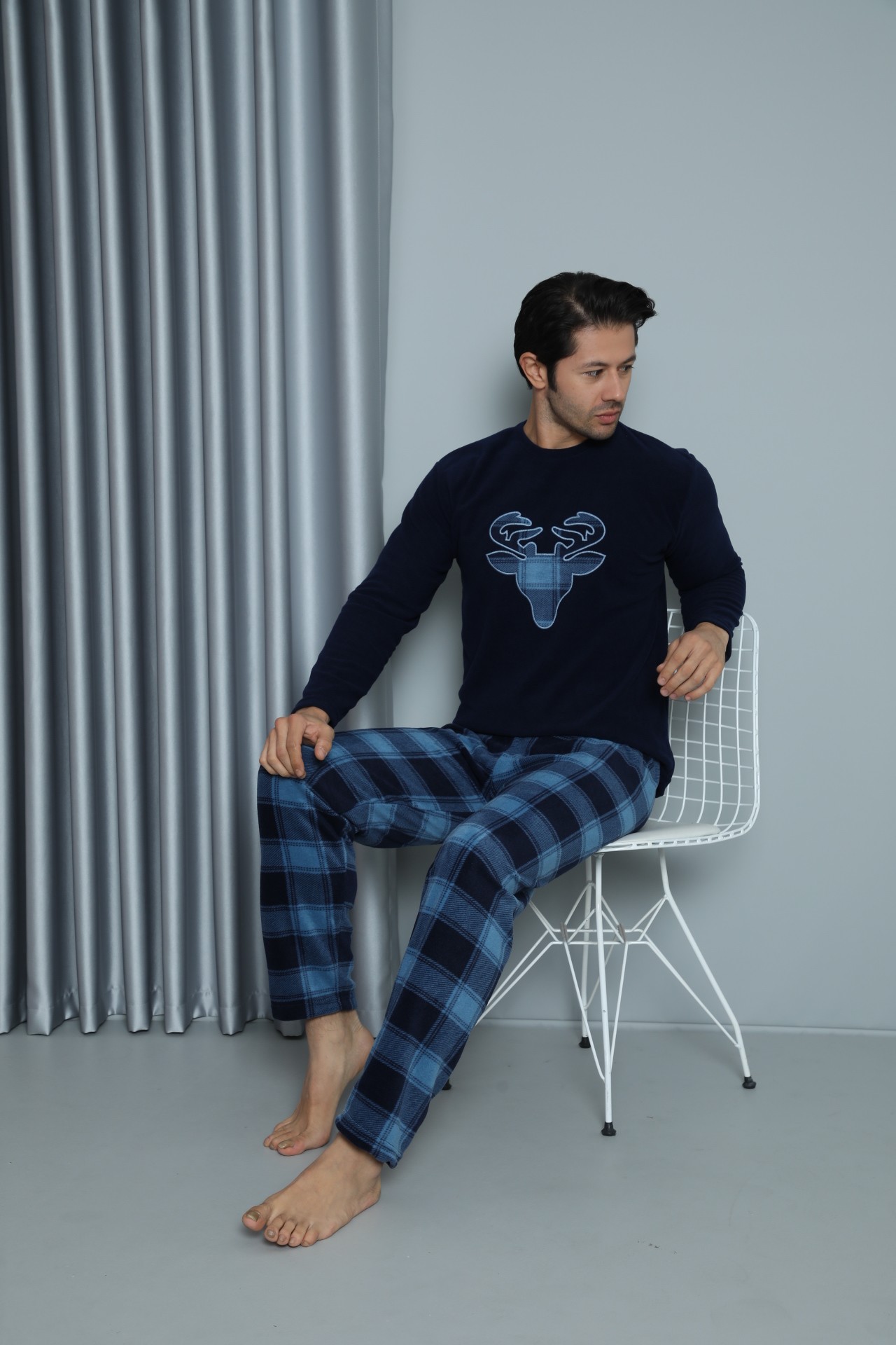 Luxury Soft Polar Ekose Kareli Boğa Desenli Erkek Pijama Takımı - Lacivert