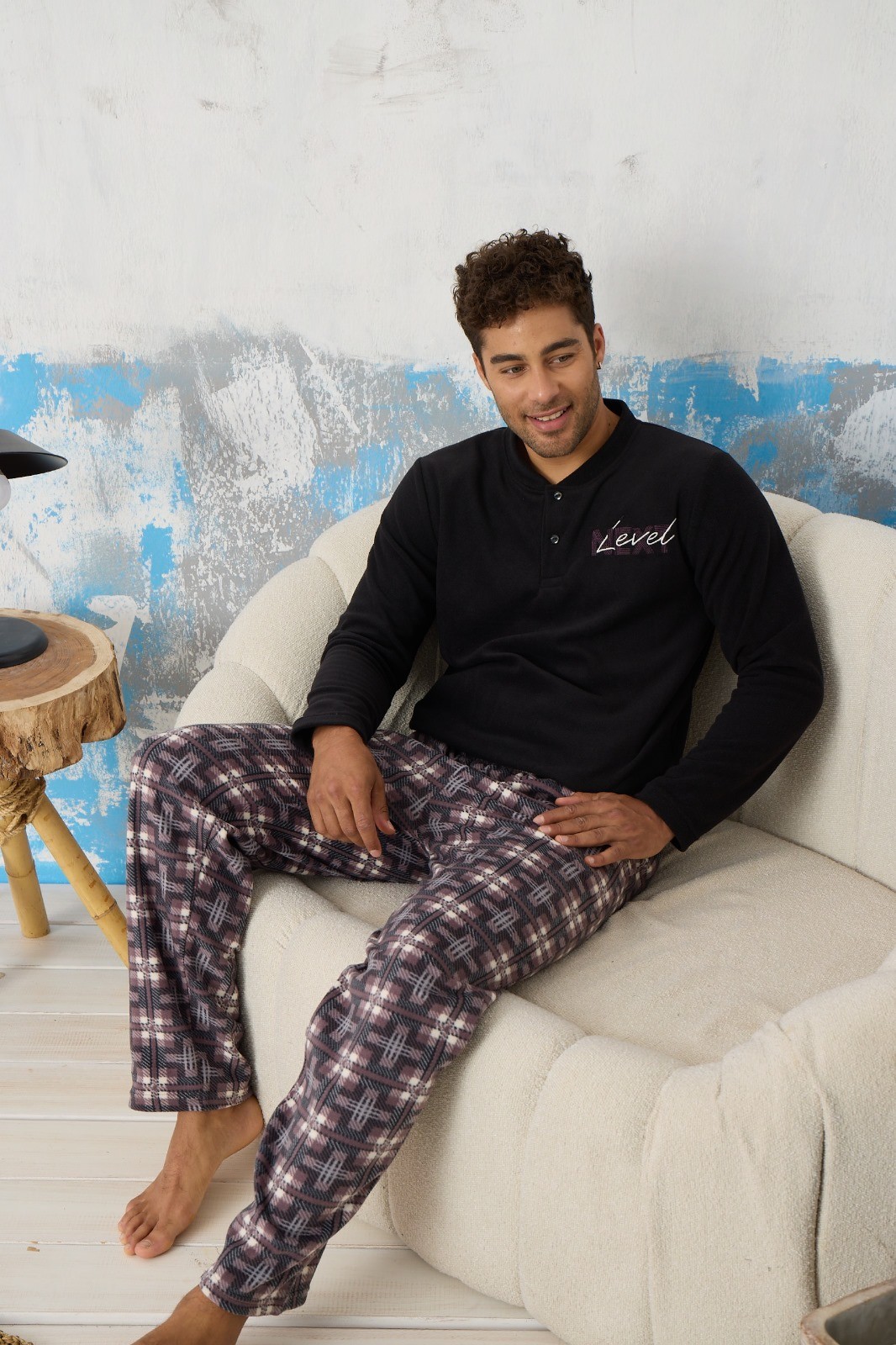 Luxury Soft Polar Ekose Kareli Düğmeli Yaka Erkek Pijama Takımı