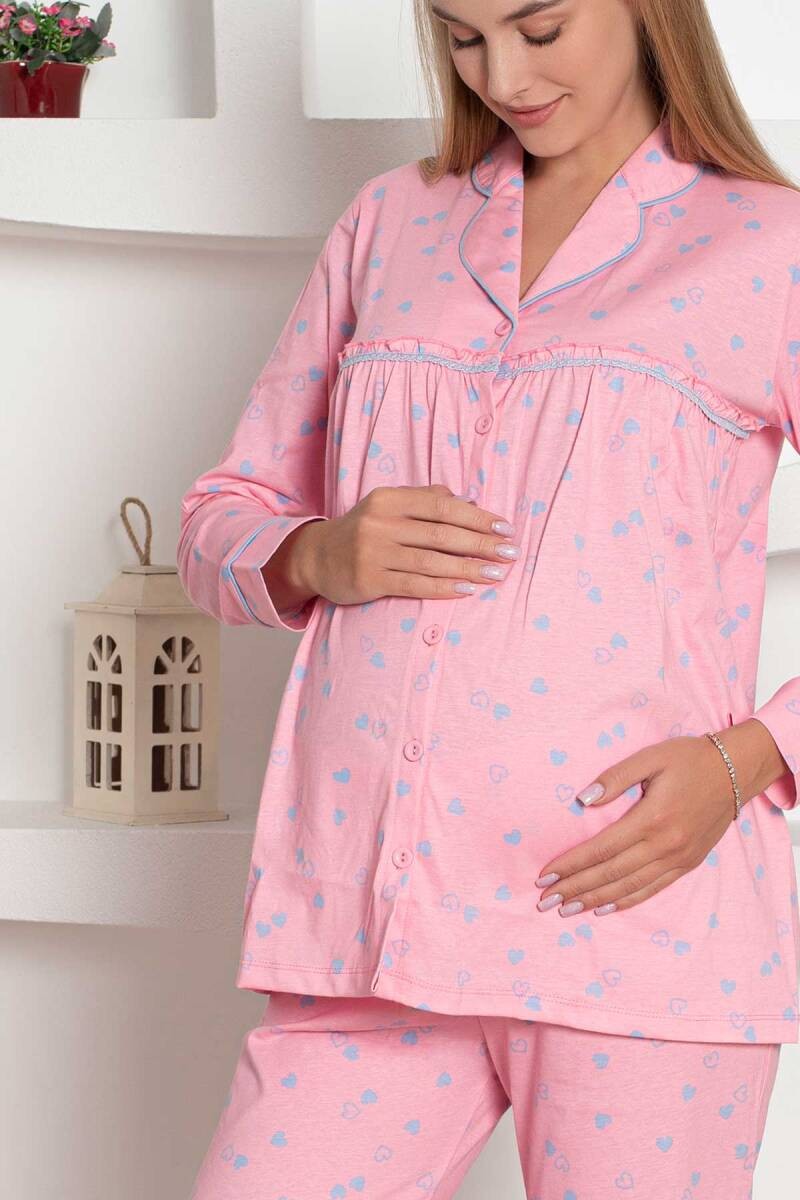 Mother's Dream Pamuklu Biyeli Düğmeli Hamile Lohusa Pijama Takımı - Pembe