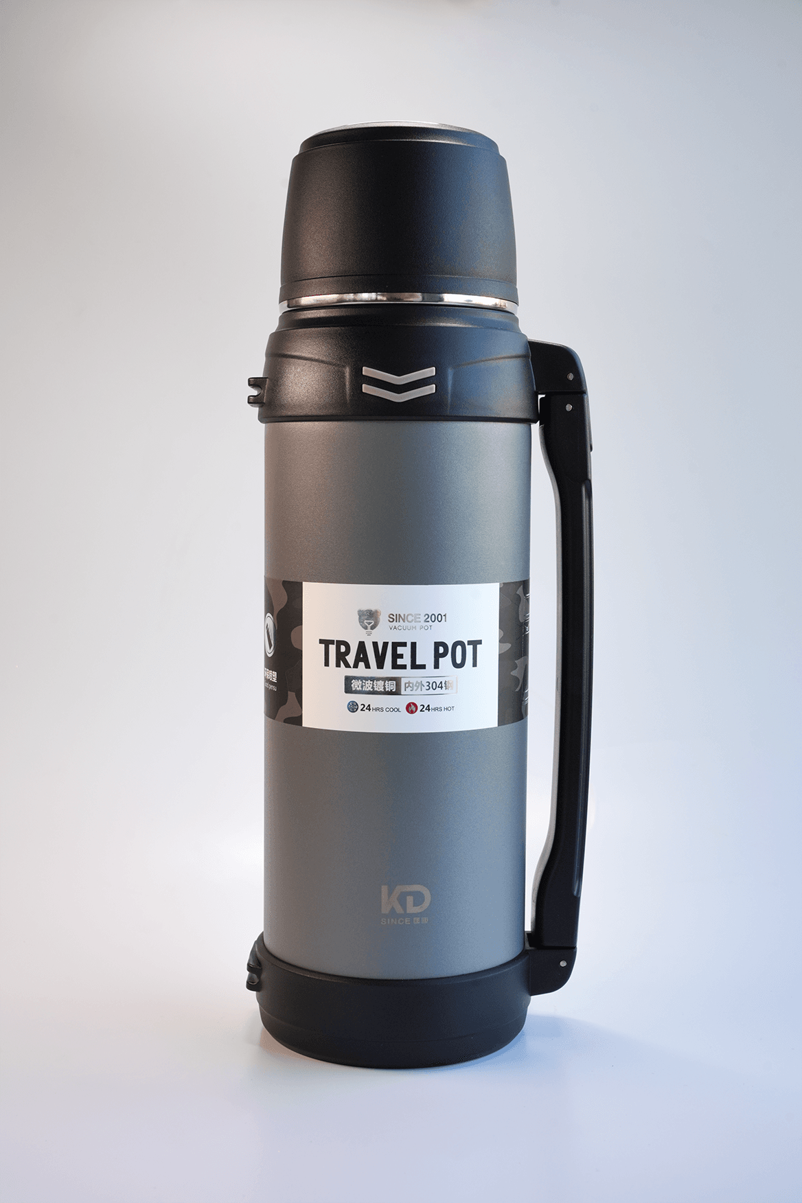 Bardaklı XL Termos, Çift Katmanlı, Paslanmaz çelik 2500ml - Gri