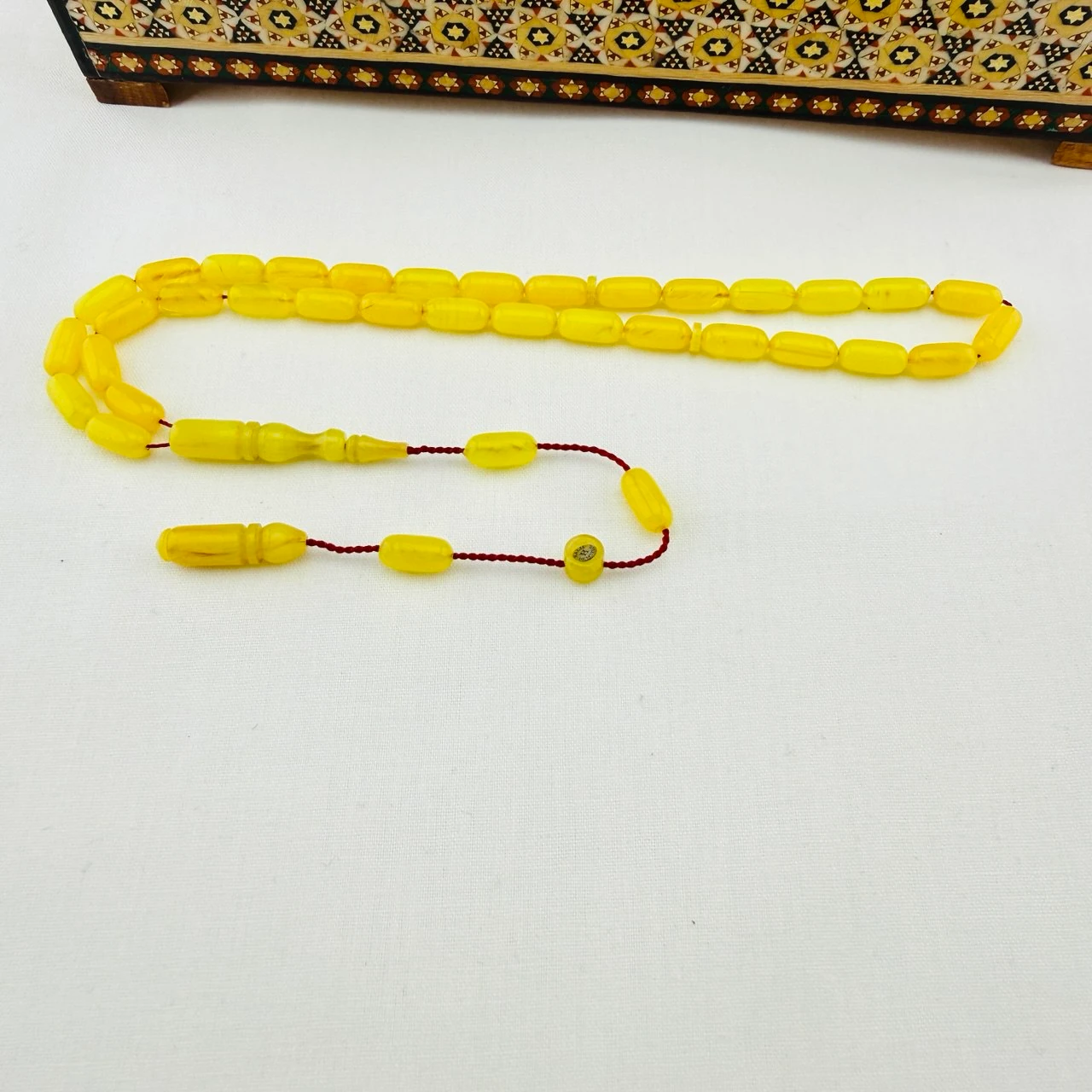 Halil Demirkol Usta İmzalı Sarı Hareli Alman Blok Kehribar Tespih | Renk Değiştirme Garantili