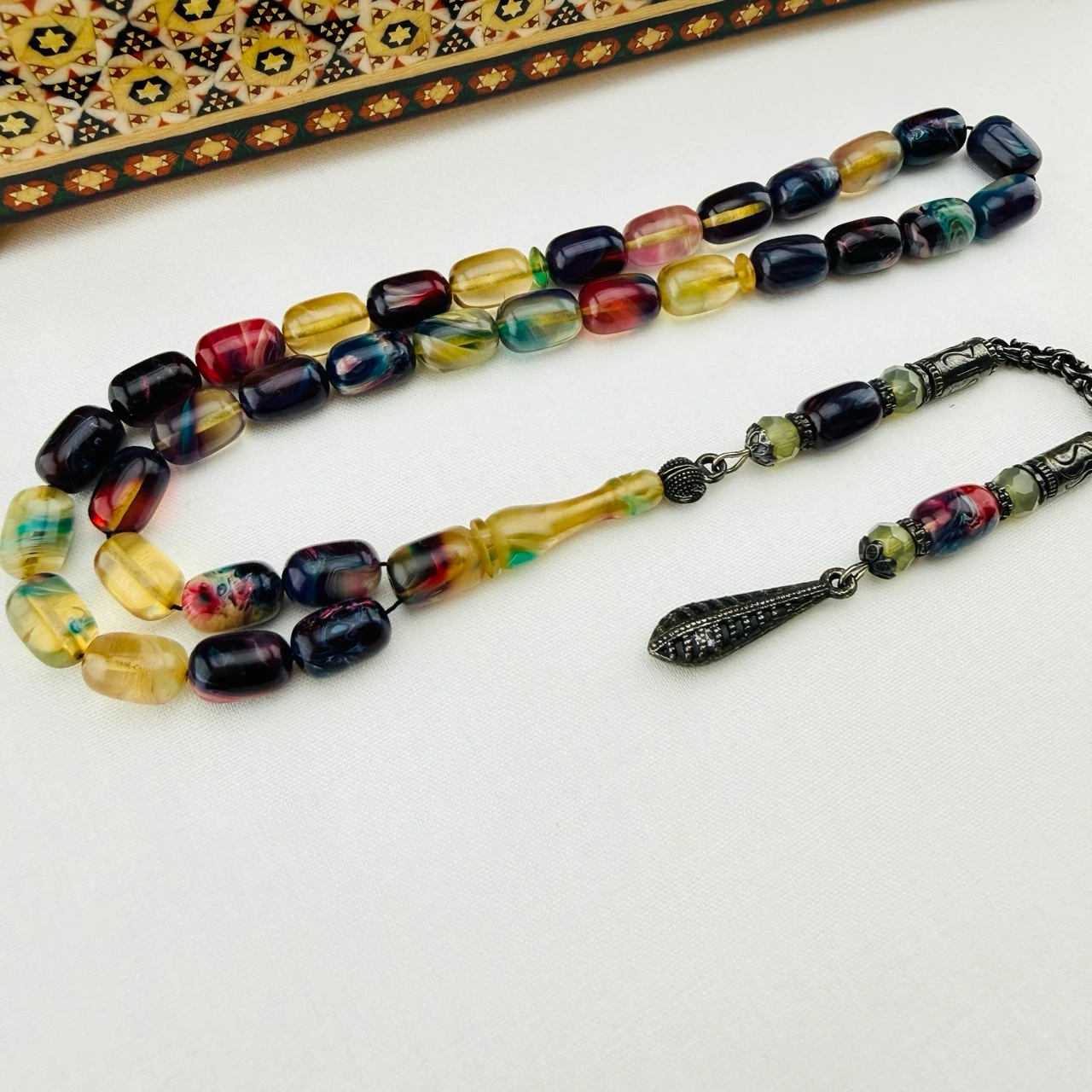 Usta İşi Multicolor Hareli Süzme Ateş Kehribar Tespih  Özel Püsküllü