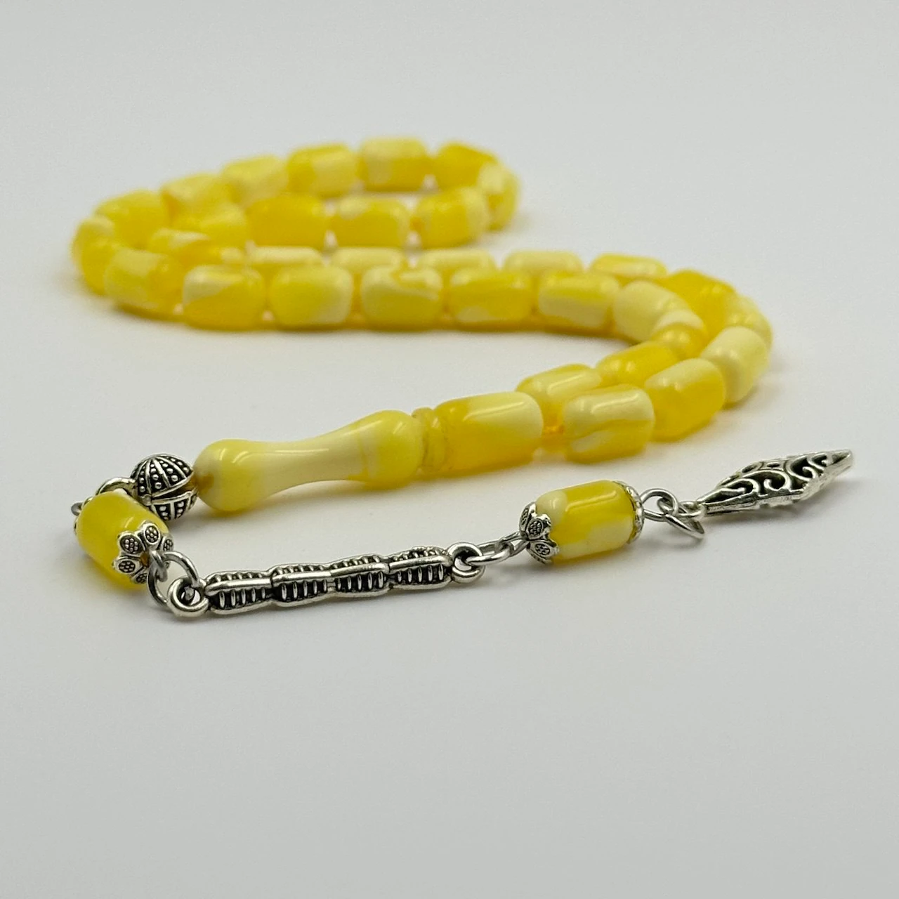 Beyrut Damla Kehribar Özel Gümüş Dizayn Püsküllü Usta Yapımı Tespih