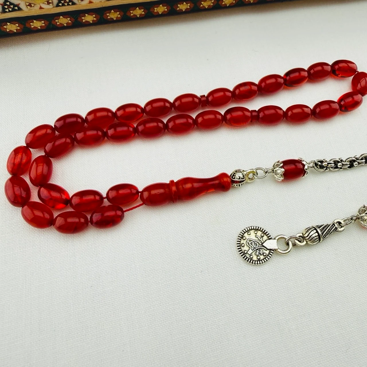 Usta İşi Hareli Sıkma Kehribar Tespih  El Boyu ve Gümüş Püsküllü Koleksiyon