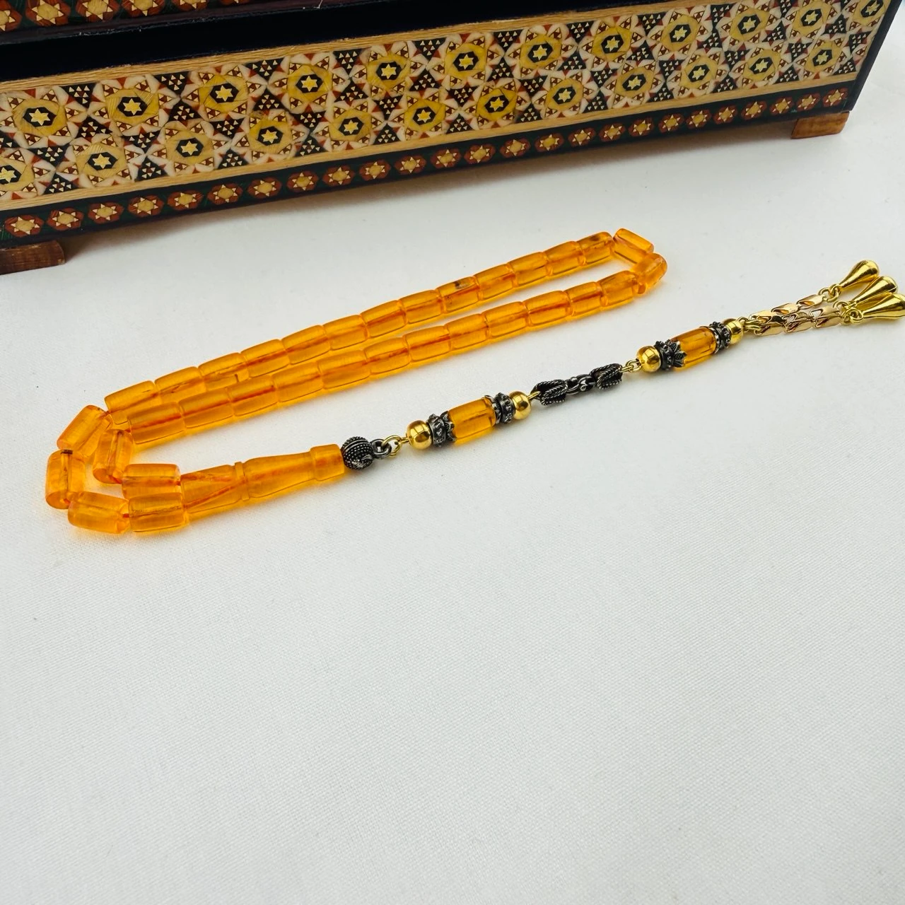 Usta İşi Turuncu Ateş Kehribar Tespih | El Boyu Kesme Model, Özel Gümüş Kaplama