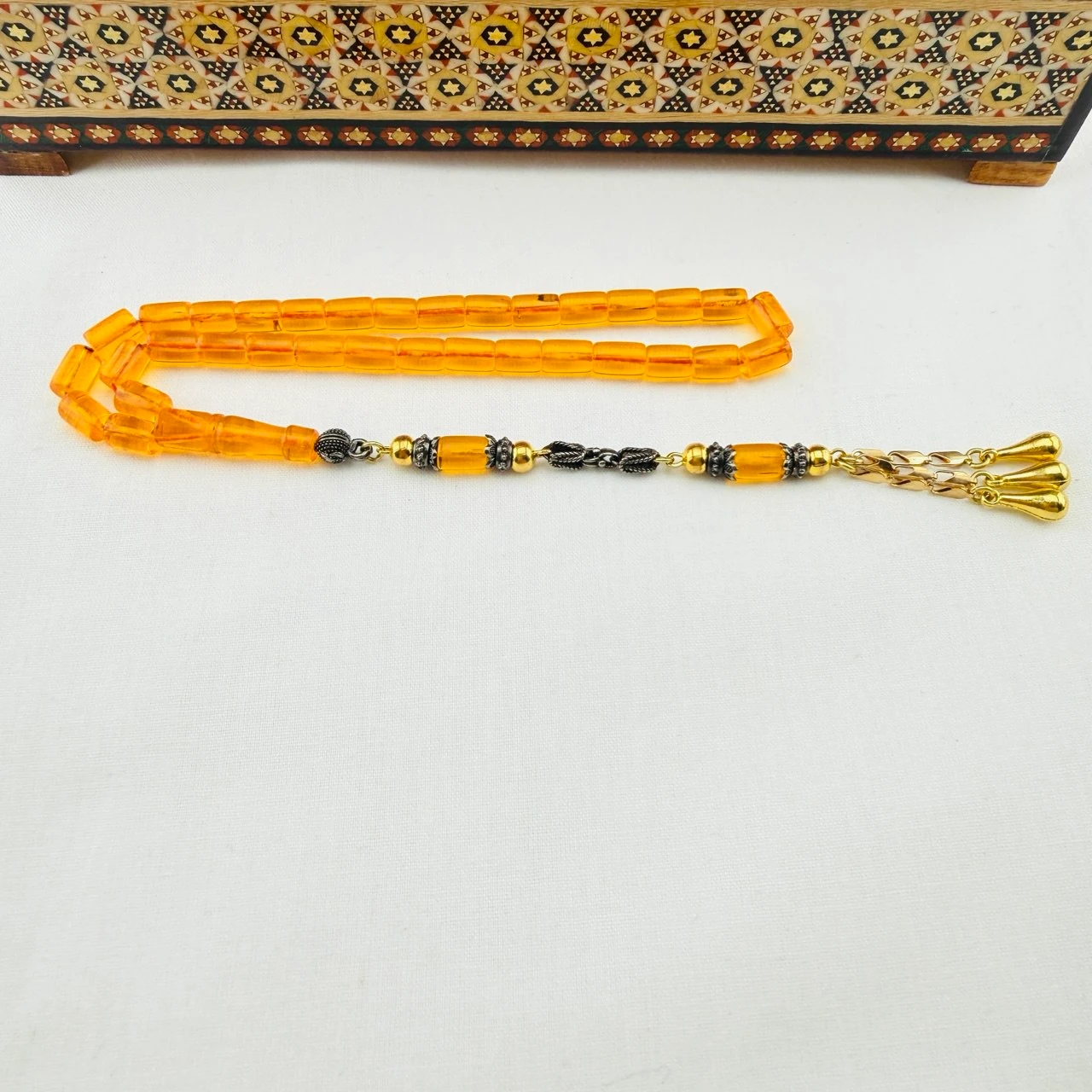 Usta İşi Turuncu Ateş Kehribar Tespih | El Boyu Kesme Model, Özel Gümüş Kaplama