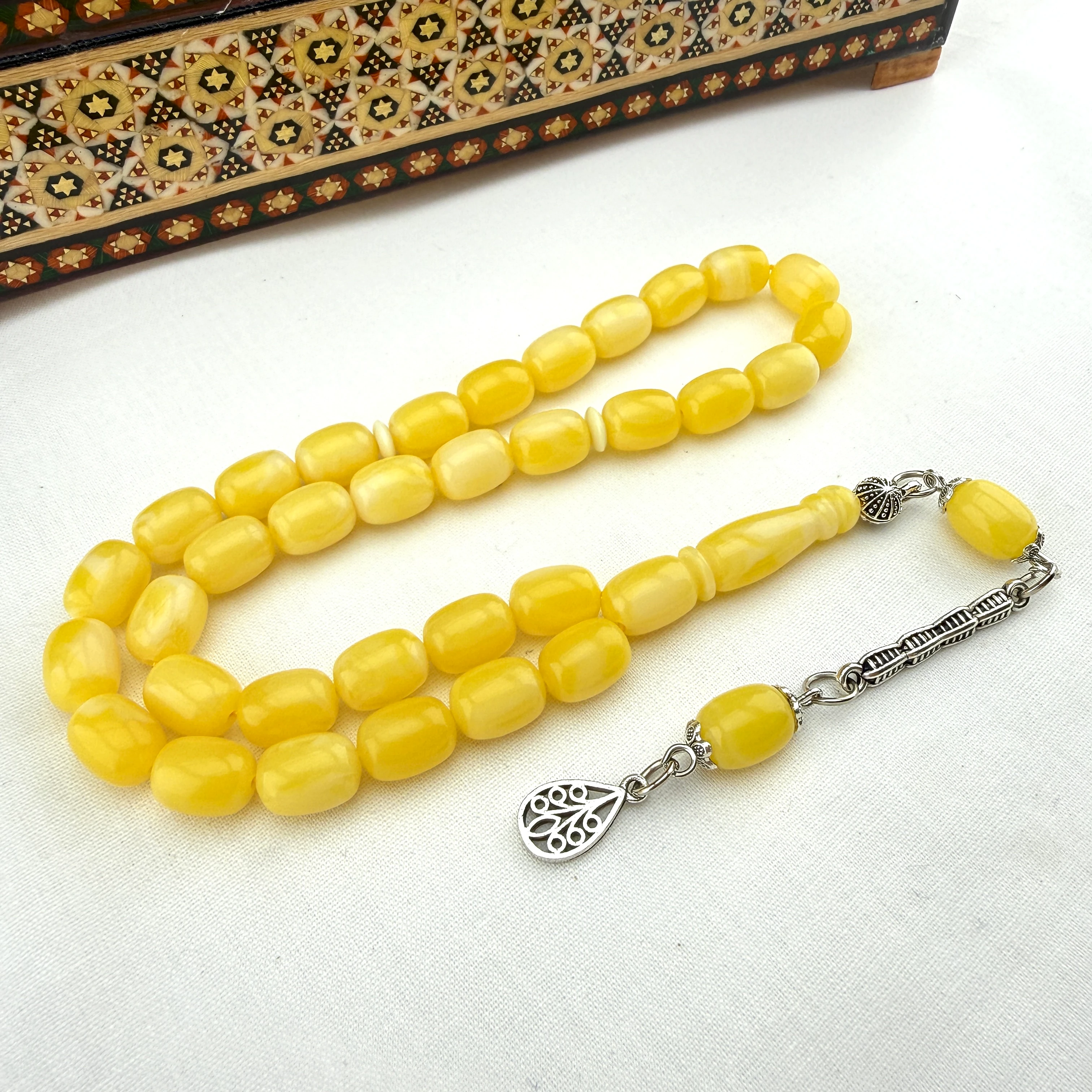 Beyrut Kehribarı | Sarının En Güzel Tonu, Gümüş Dizayn Püsküllü El İşçiliği Tespih