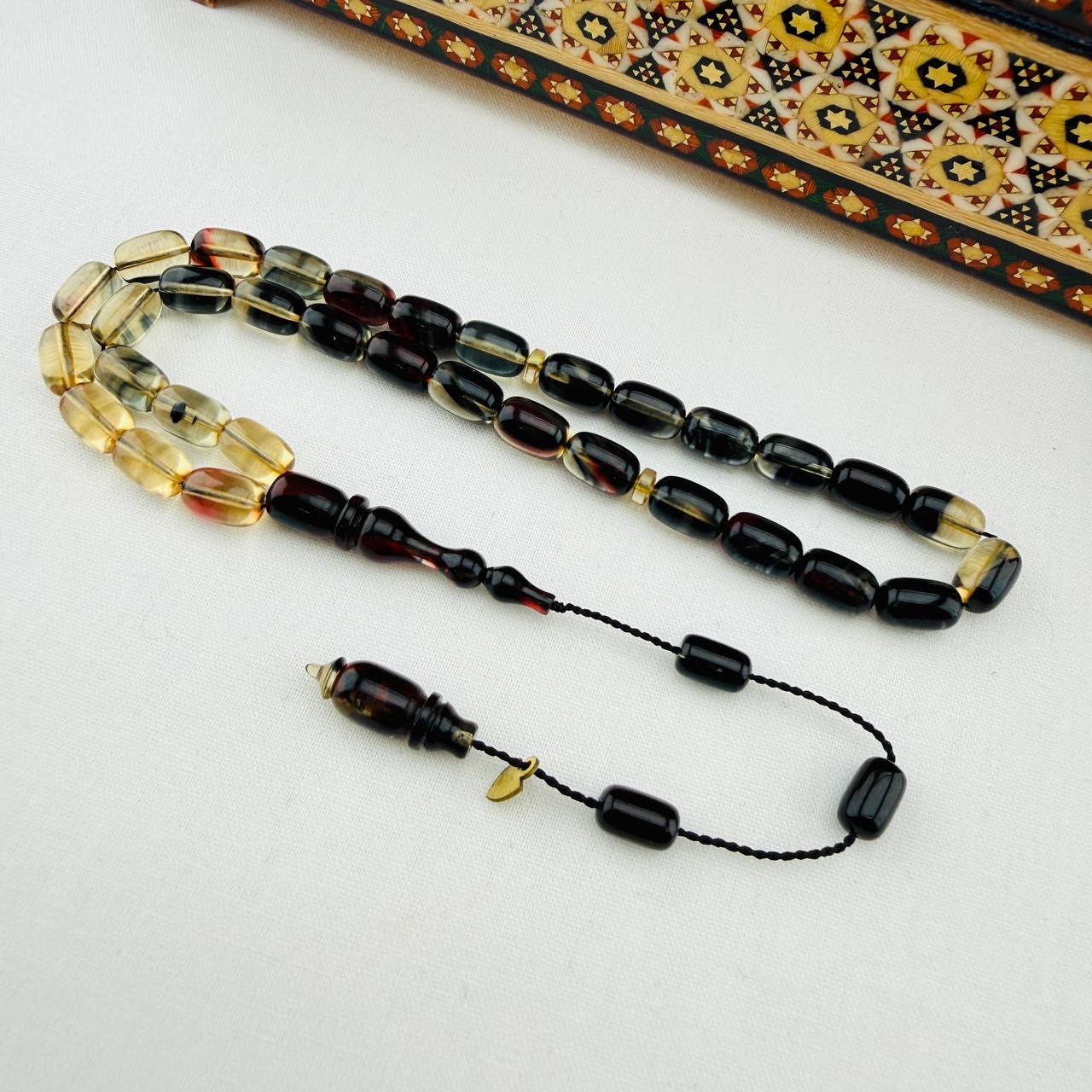 Serkan Başkan Usta İmzalı Çift Renkli Hareli Sıkma Kehribar Tespih