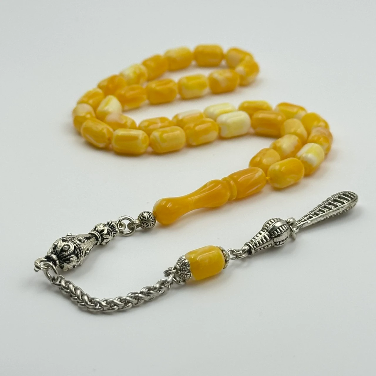 Beyrut Damla Sarı ve Beyaz Hareli Kehribar Usta Yapımı Tespih