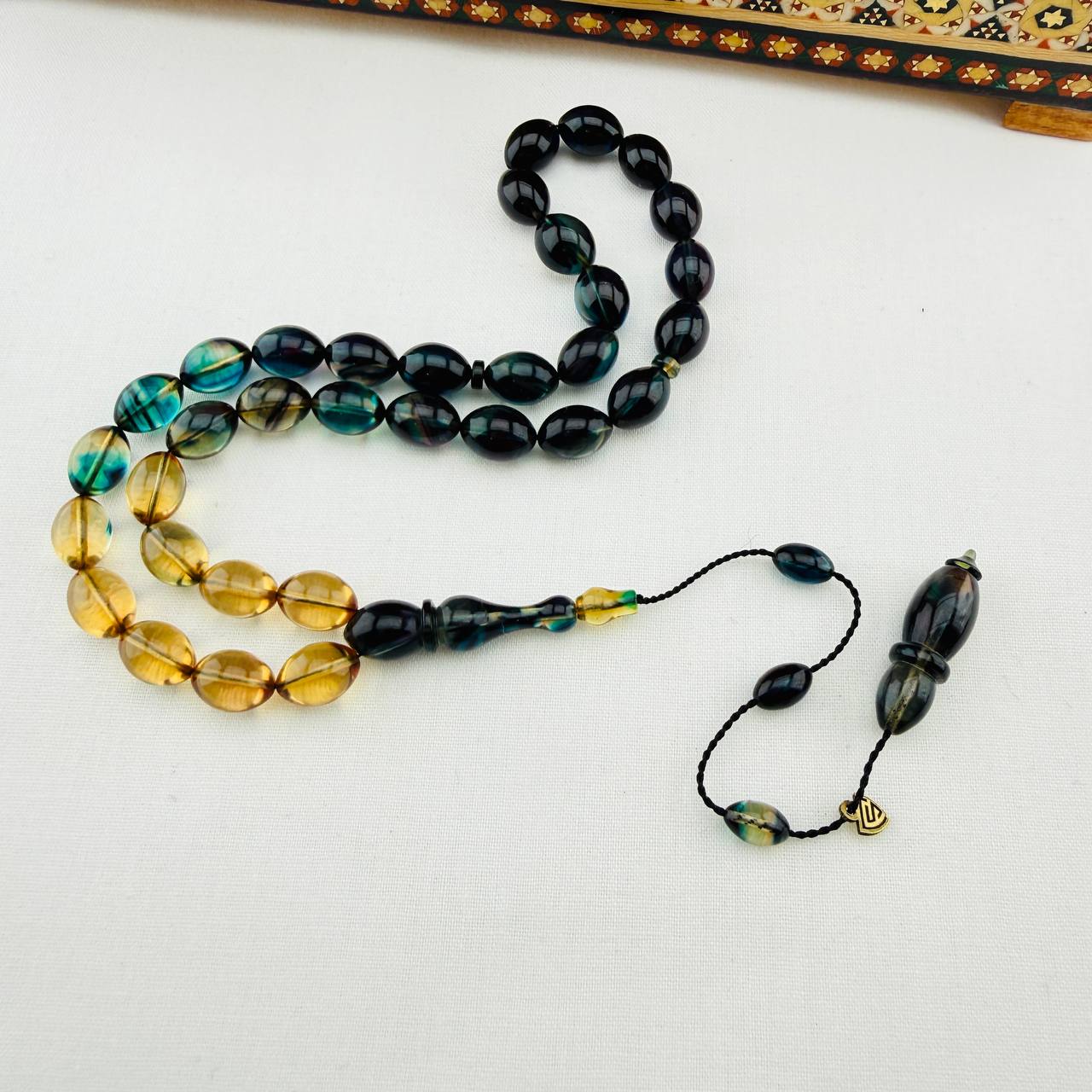 Serkan Başkan Usta İmzalı Sarı Lacivert Hareli Sıkma Kehribar Tespih