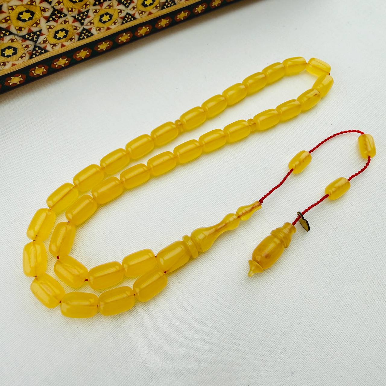 Serkan Başkan Usta İmzalı Limon Sarısı Nadir Blok Hareli Sıkma Kehribar Tespih