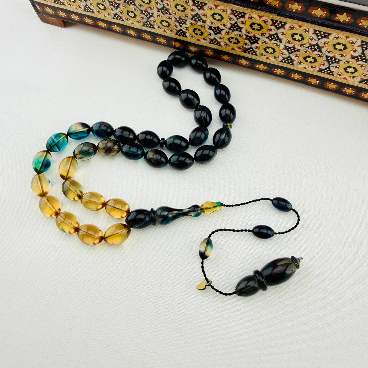 Serkan Başkan Usta İmzalı Sarı Lacivert Hareli Sıkma Kehribar Tespih