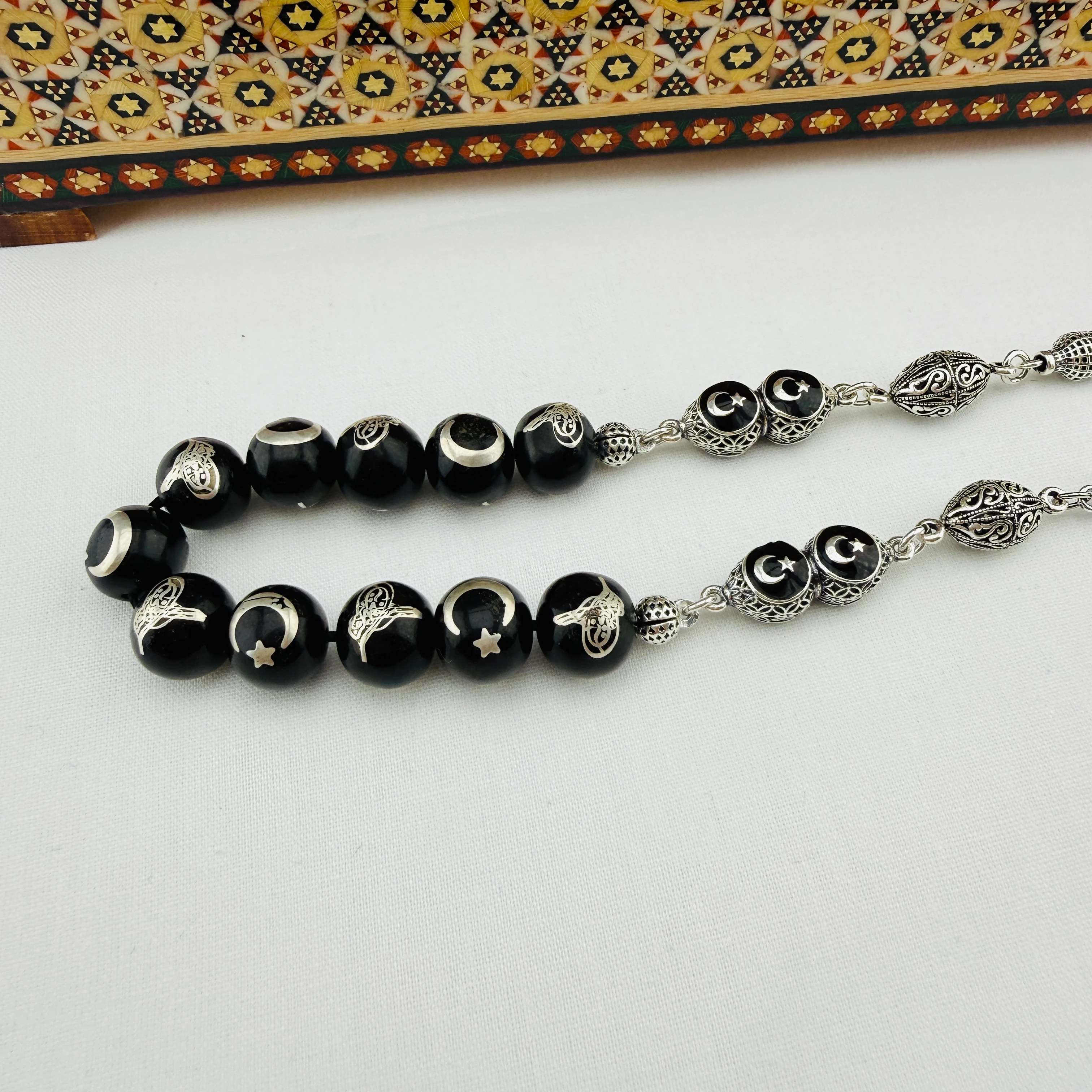 Has Erzurum Oltu Taşı Zaza Tespih | Gümüş Telkâri İşlemeli Ay Yıldız ve Osmanlı Tuğralı