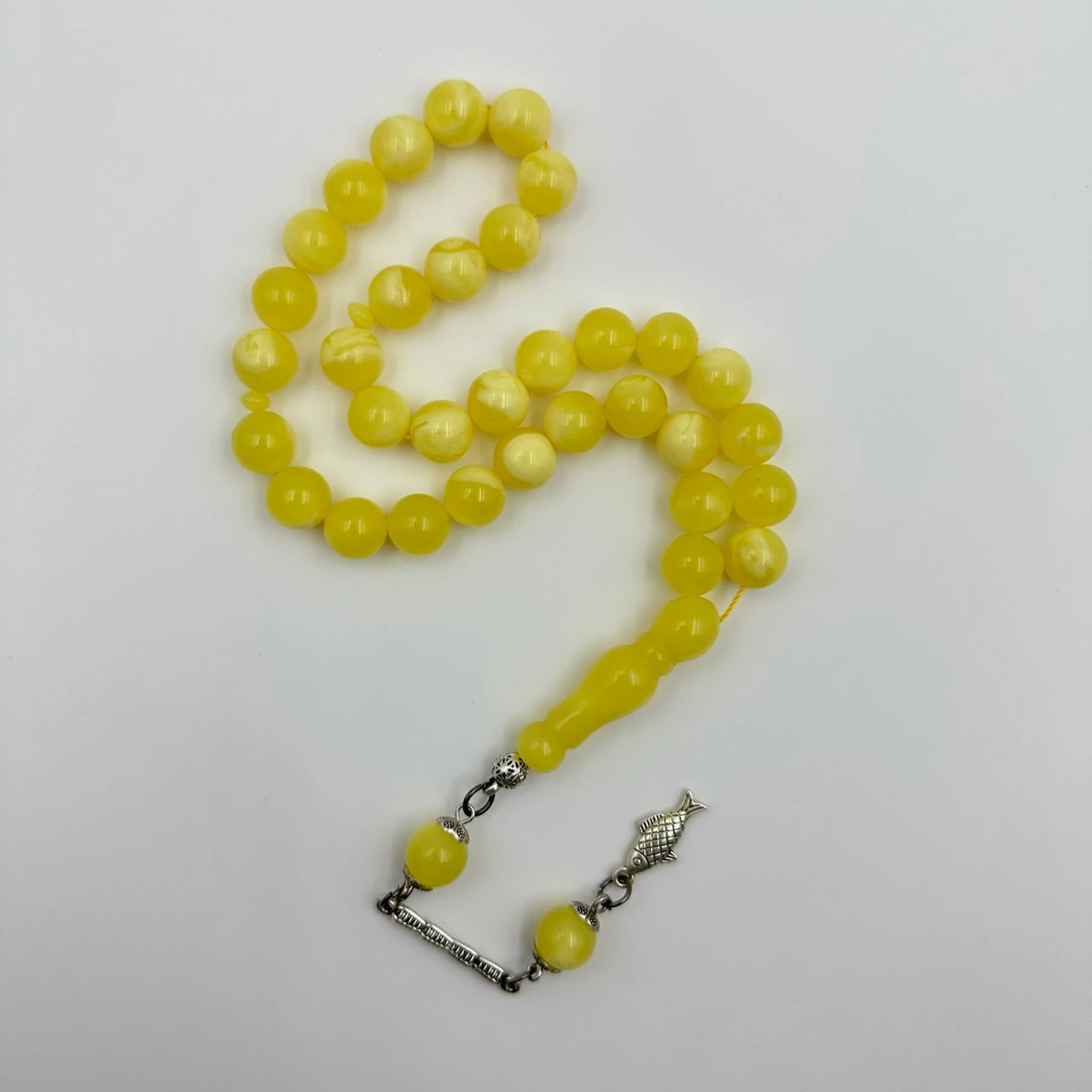 Beyaz Hareli Beyrut Damla Kehribar Gümüş Püsküllü Usta Yapımı Tespih