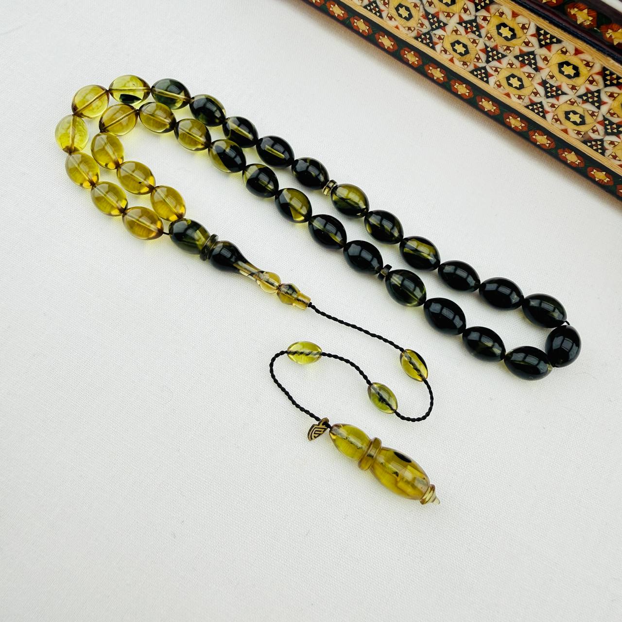 Serkan Başkan Usta İmzalı Sarı Yeşil Hareli Sıkma Kehribar Tespih