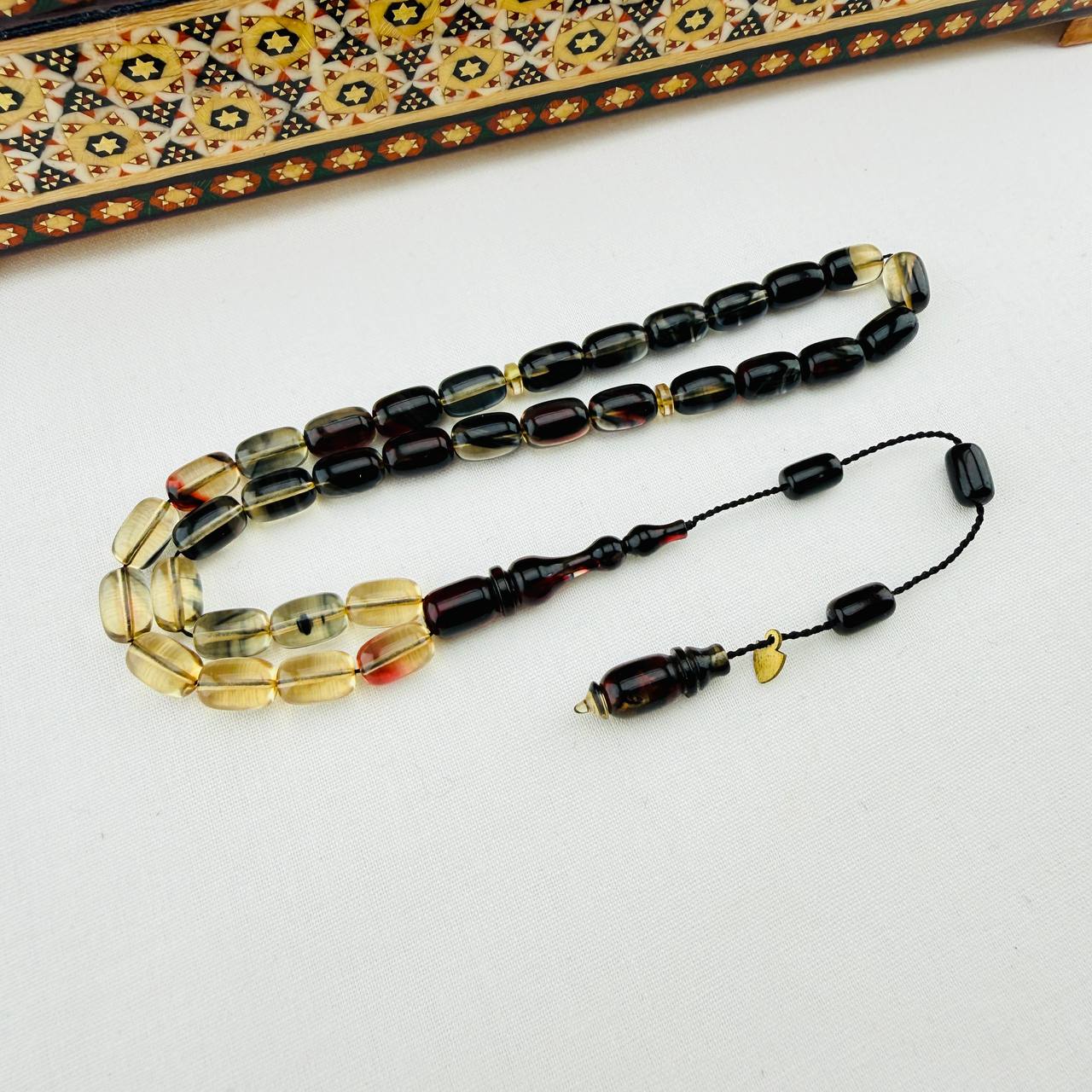 Serkan Başkan Usta İmzalı Çift Renkli Hareli Sıkma Kehribar Tespih