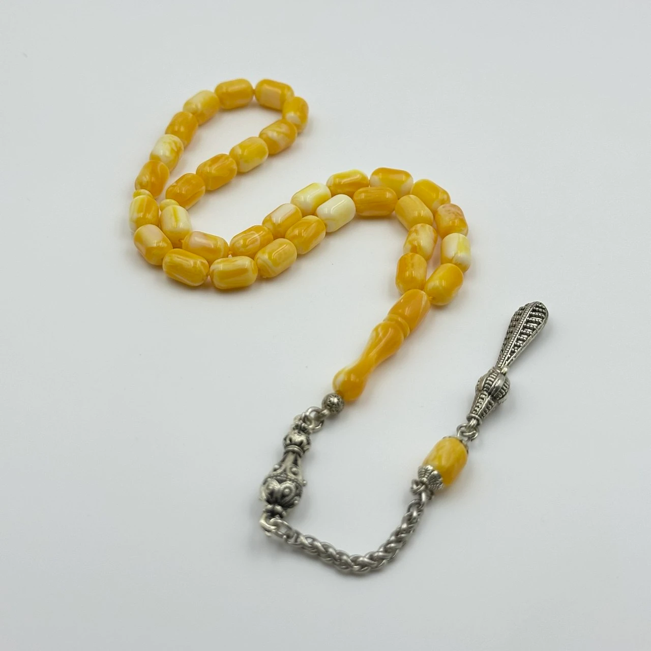 Beyrut Damla Sarı ve Beyaz Hareli Kehribar Usta Yapımı Tespih