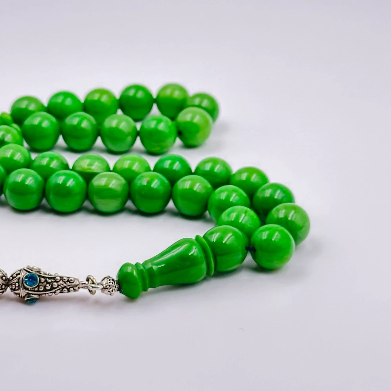 1945 Dönemi Yeşil Hareli Katalin Özel Gümüş Püsküllü Koleksiyonluk Tespih