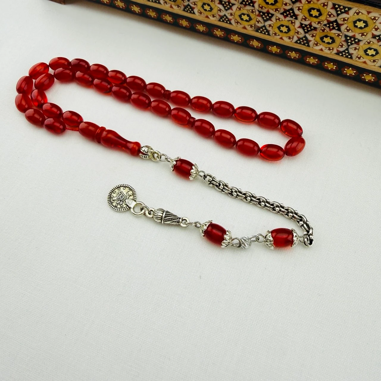 Usta İşi Hareli Sıkma Kehribar Tespih  El Boyu ve Gümüş Püsküllü Koleksiyon