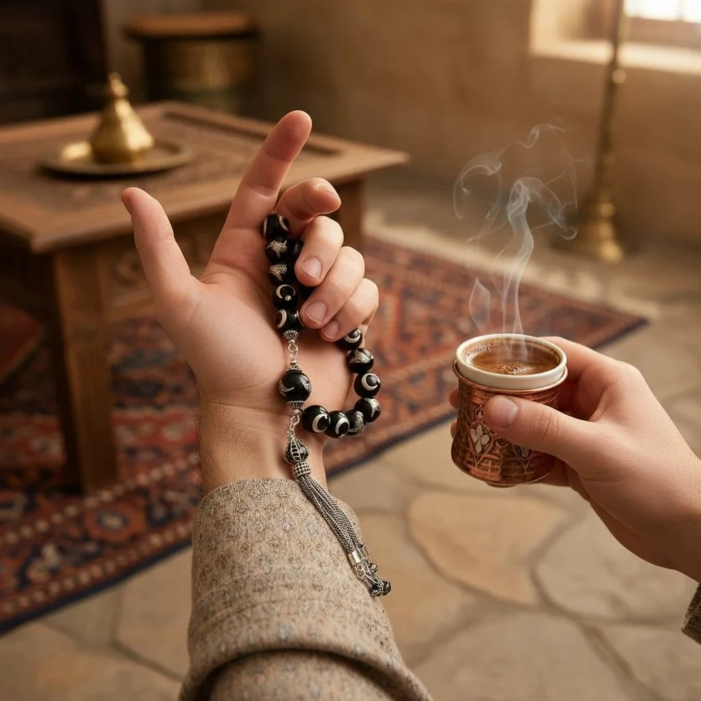 Has Erzurum Oltu Taşı Zaza Tespih | Gümüş Telkâri İşlemeli Ay Yıldız ve Osmanlı Tuğralı