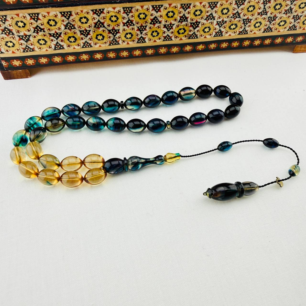 Serkan Başkan Usta İmzalı Sarı Lacivert Hareli Sıkma Kehribar Tespih