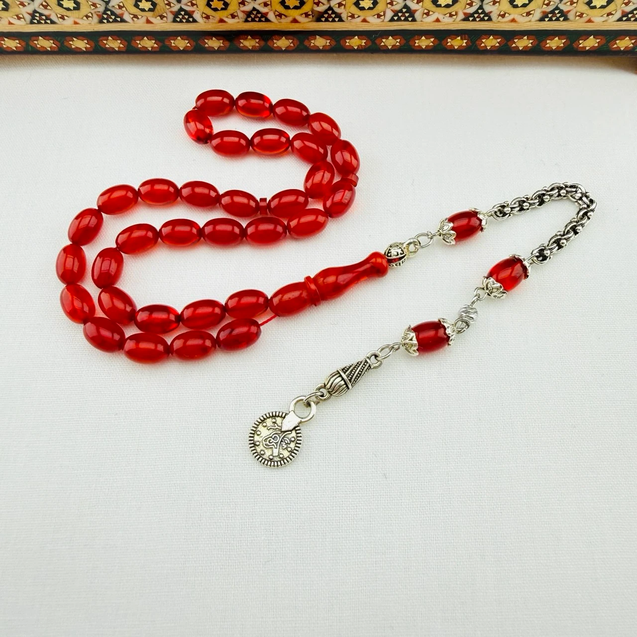 Usta İşi Hareli Sıkma Kehribar Tespih  El Boyu ve Gümüş Püsküllü Koleksiyon