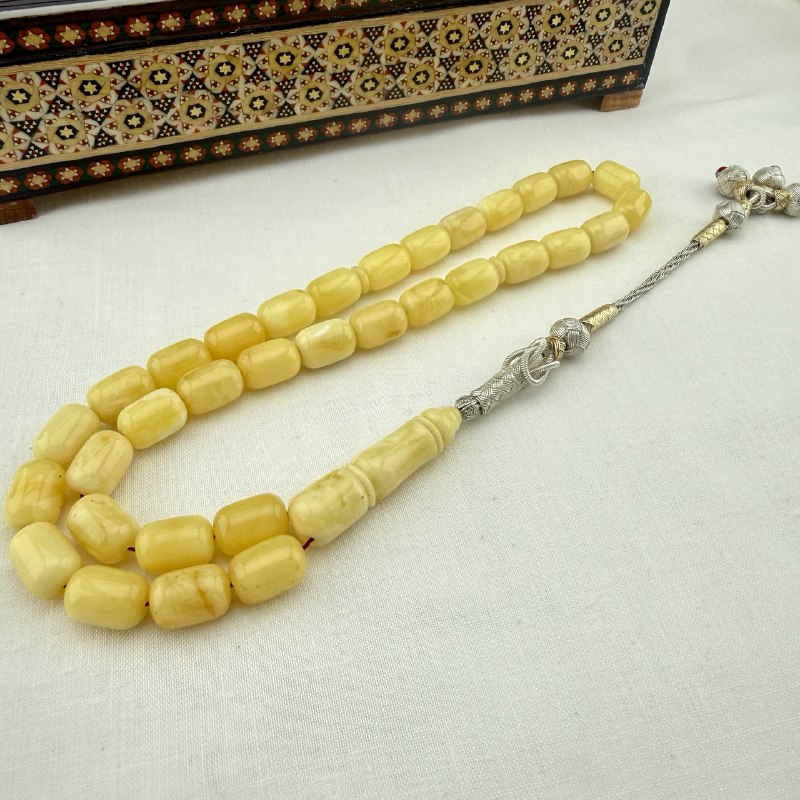 Kliningrad Damla Kehribar Tiger Hareli Has Gümüş Kazaz Püsküllü Koleksiyonluk Tespih