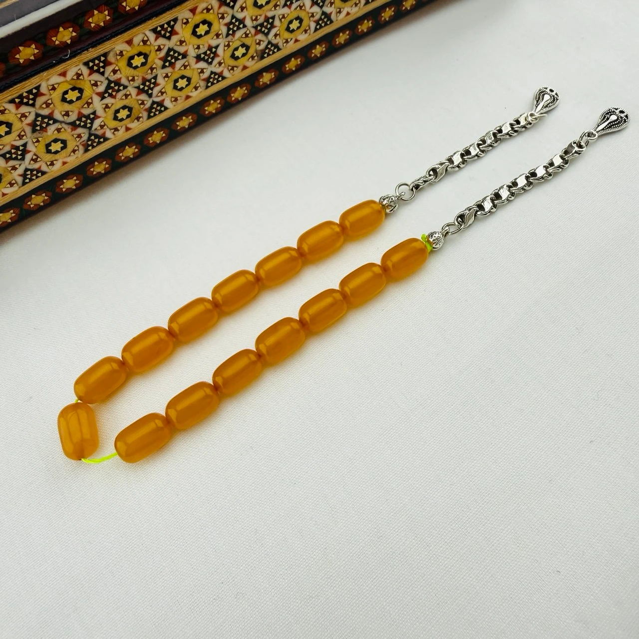 Hareli Sıkma Kehribar Zaza Tespihi | Gümüş Püskül Dizaynlı