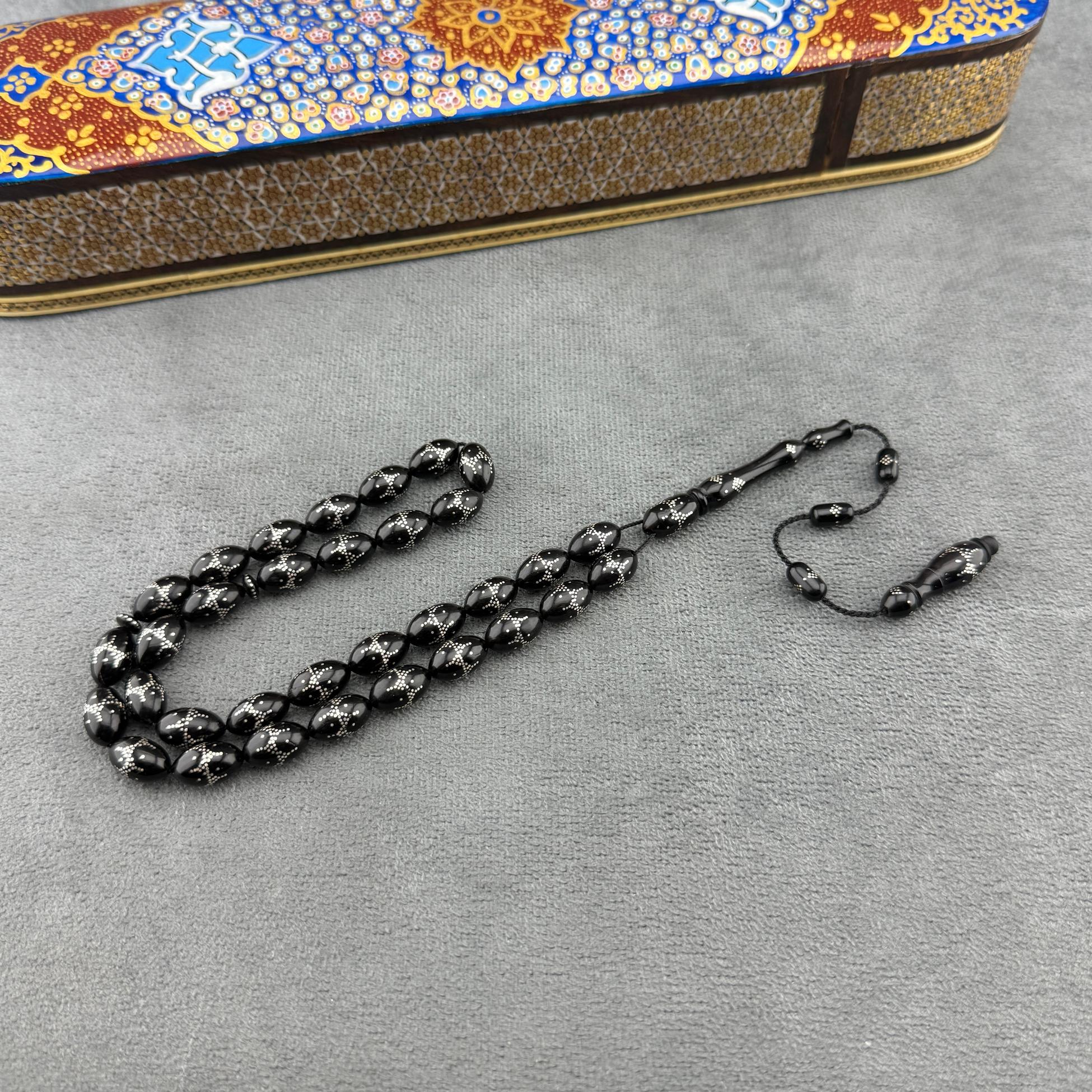 Usta İşçilikli Abanoz Üzerine Gümüş Çakımlı Tespih