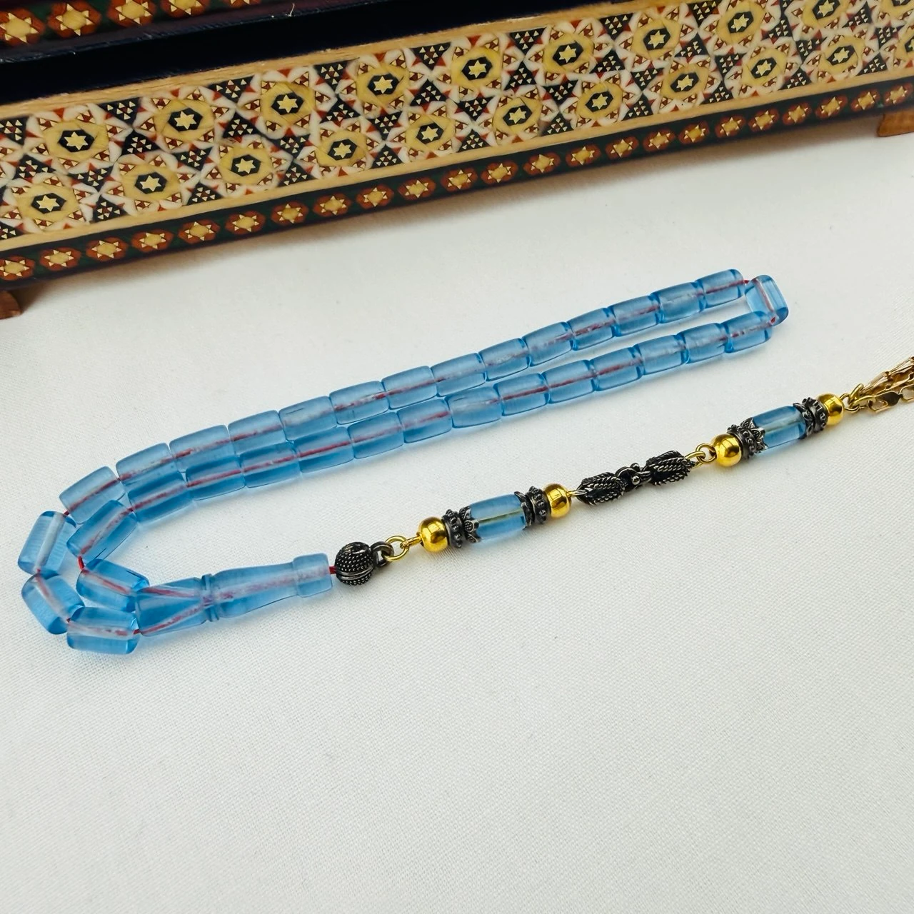 Usta İşi Gök Mavi Ateş Kehribar Tespih | El Boyu Kesme Model, Özel Gümüş Kaplama