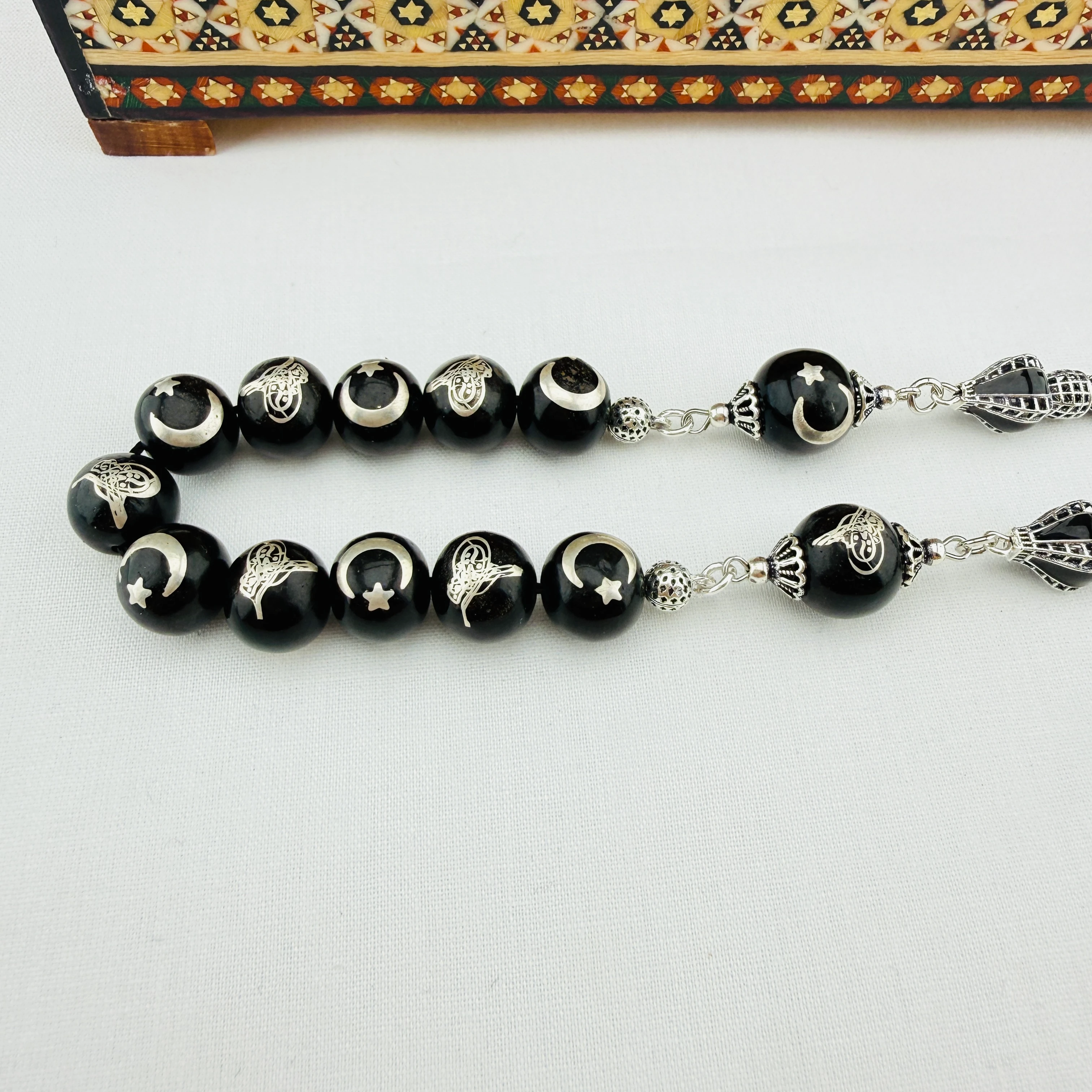 Has Erzurum Oltu Taşı Zaza Tespih | Gümüş Telkâri İşlemeli Ay Yıldız ve Osmanlı Tuğralı Özel