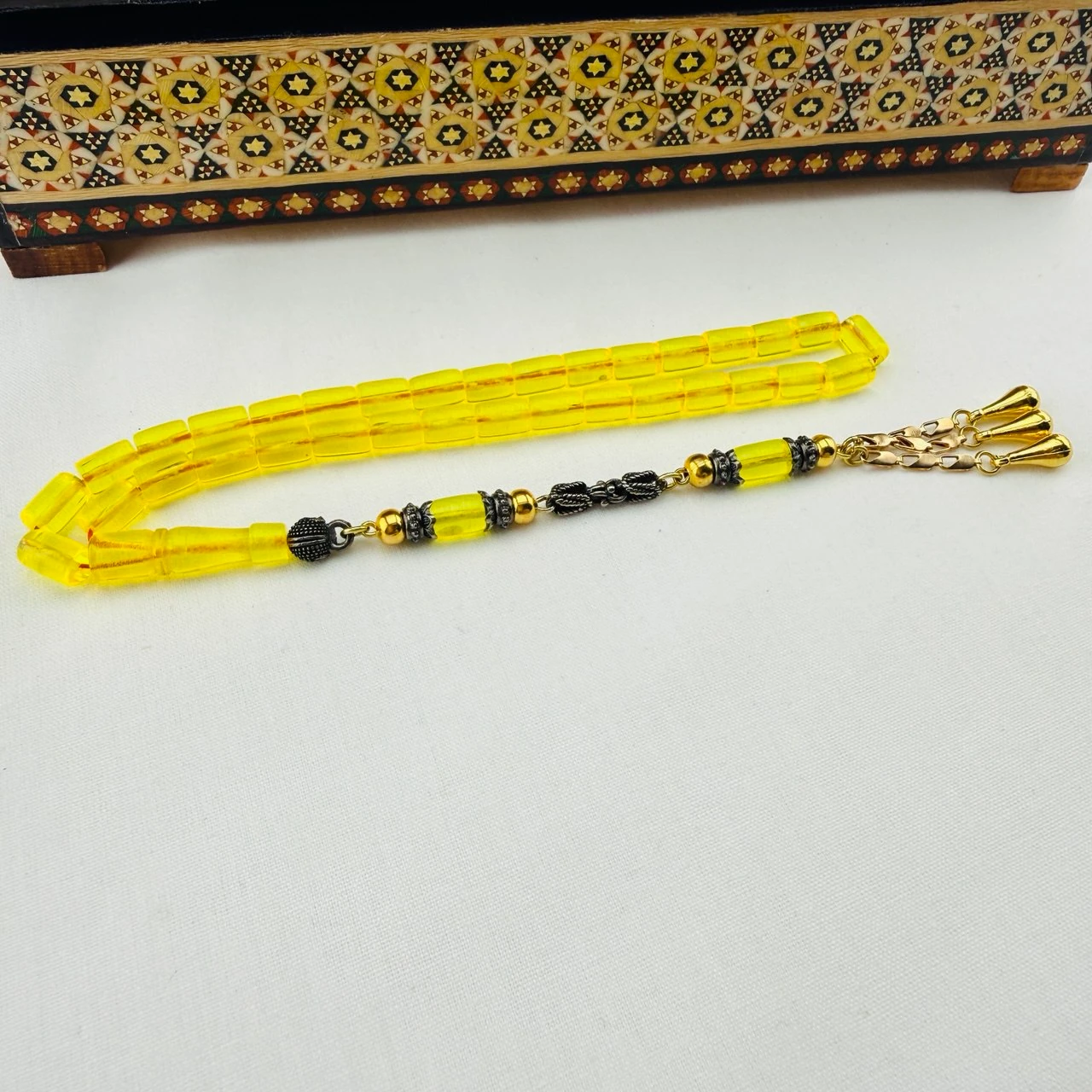 Usta İşi Sarı Ateş Kehribar Tespih | El Boyu Kesme Model, Özel Gümüş Kaplama